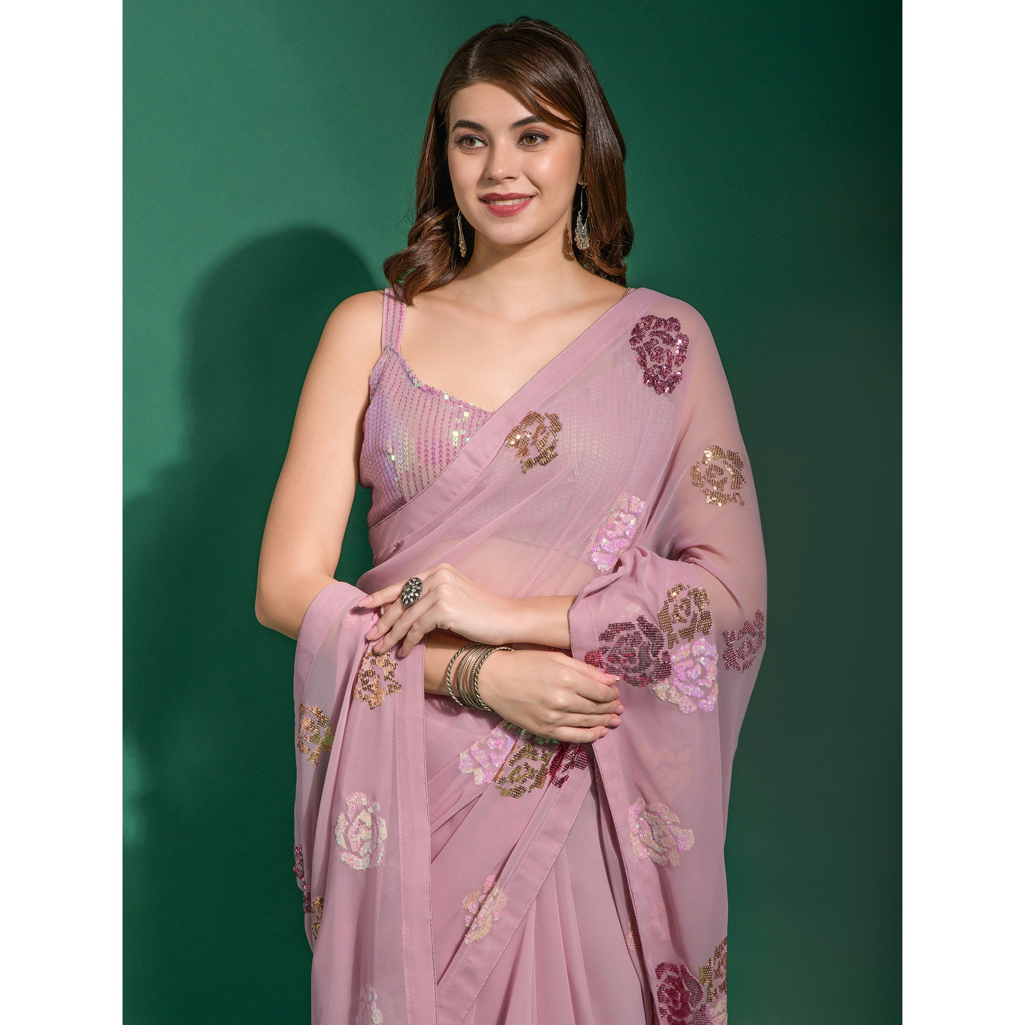 Pink Sequins Embroidered Georgette Saree