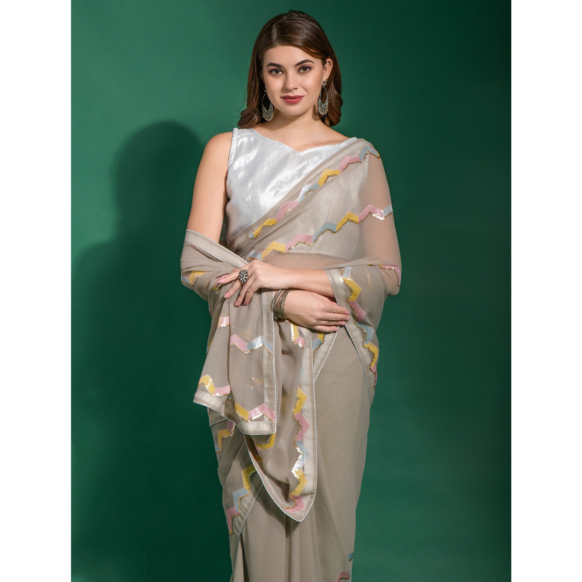 Grey Sequins Embroidered Georgette Saree