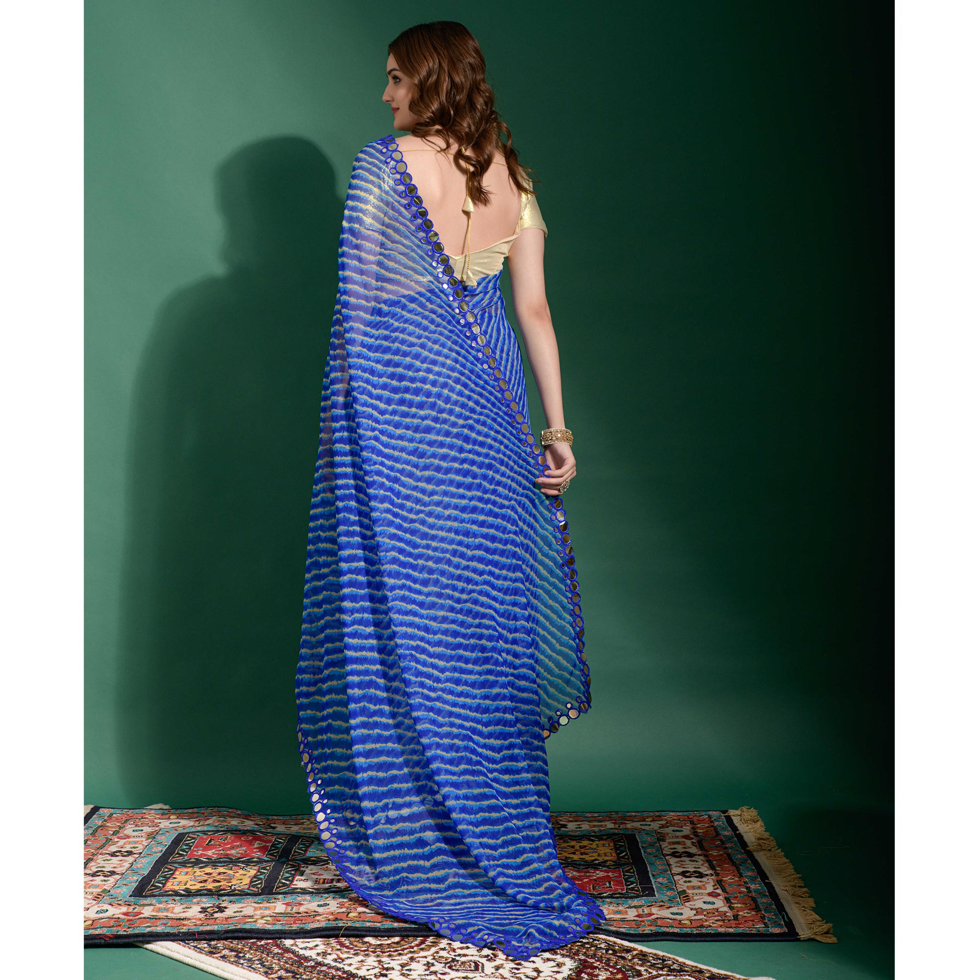 Blue Leheriya Printed With Embroidered Border Chiffon Saree