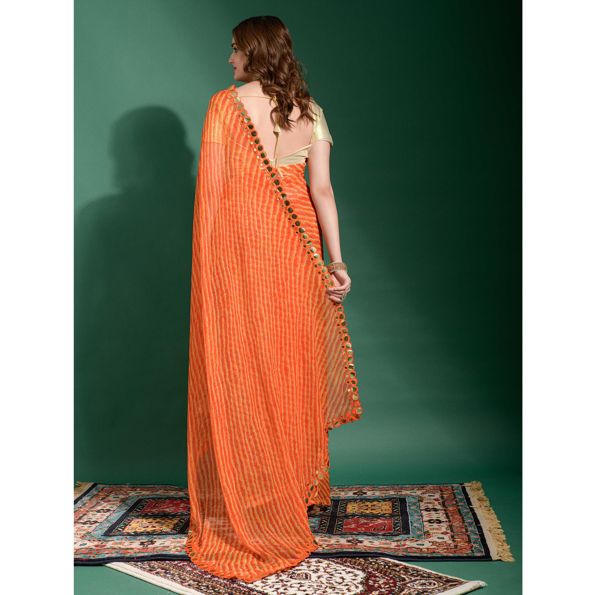Orange Leheriya Printed With Embroidered Border Chiffon Saree