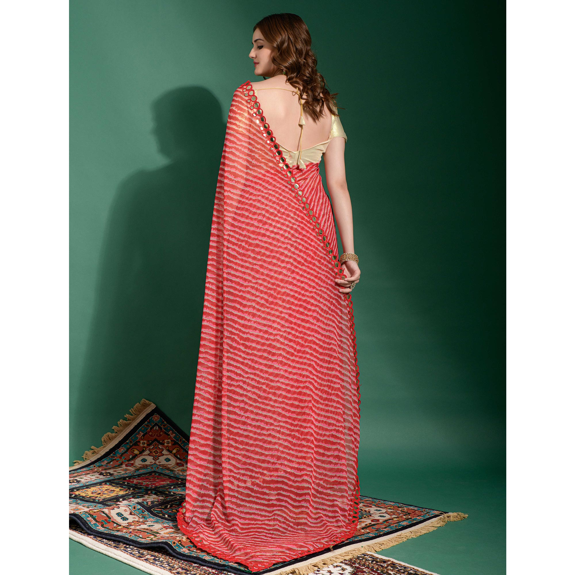 Red Leheriya Printed With Embroidered Border Chiffon Saree