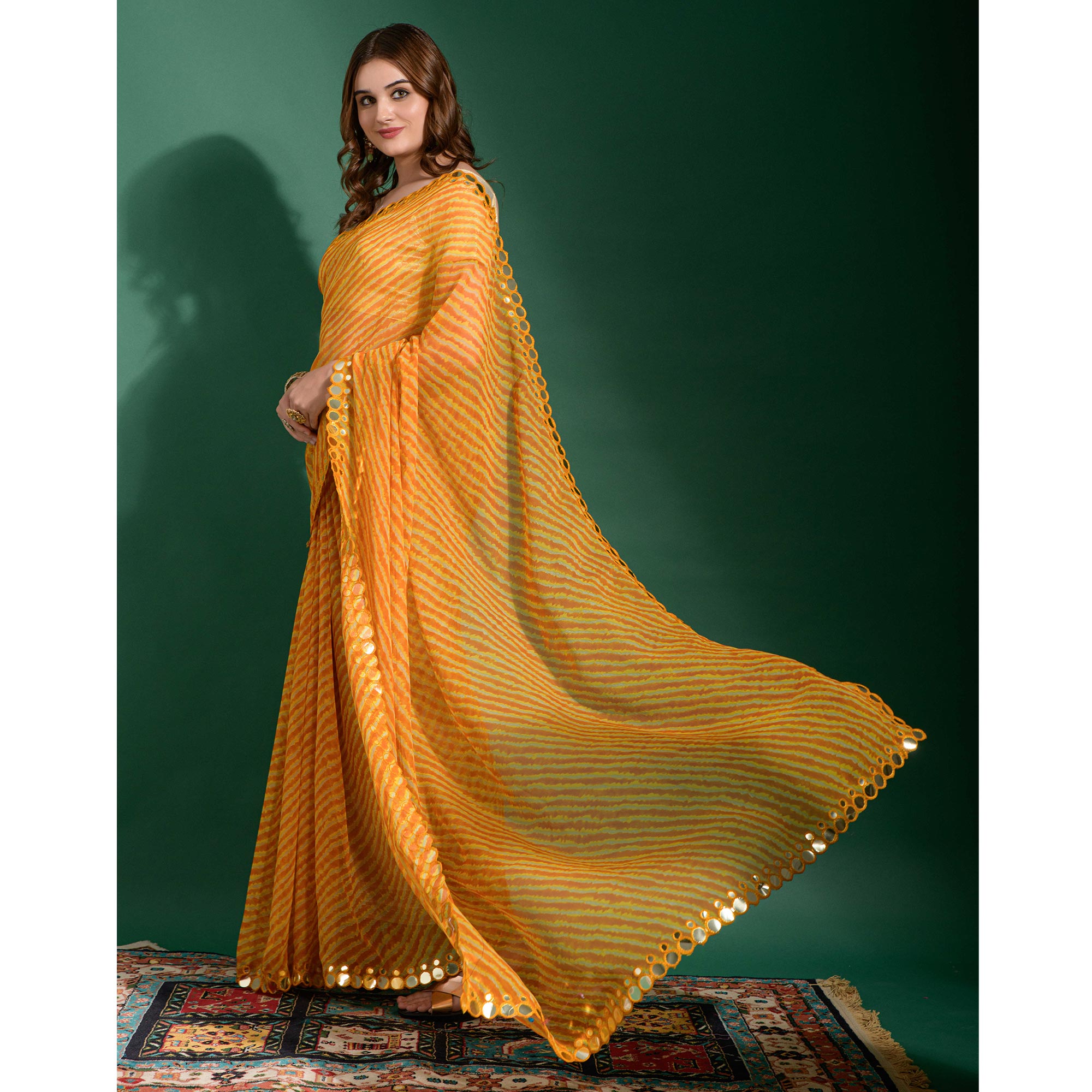 Yellow Leheriya Printed With Embroidered Border Chiffon Saree