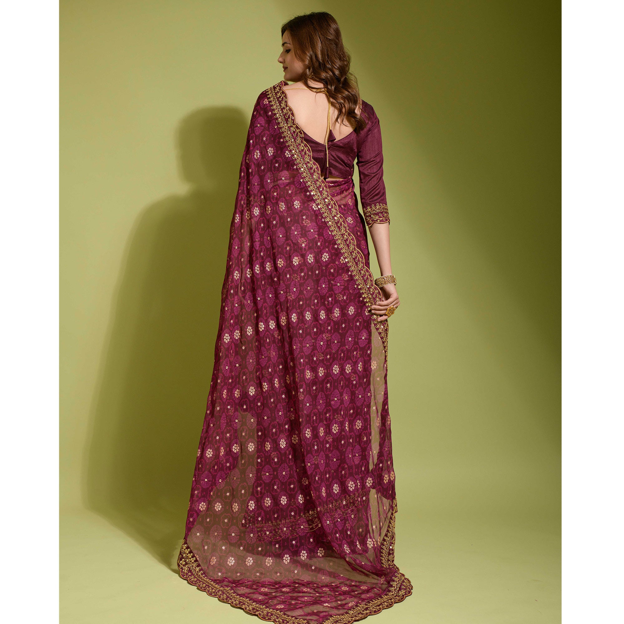 Wine Bandhani Foil Printed Georgette Saree With Embroidered Border