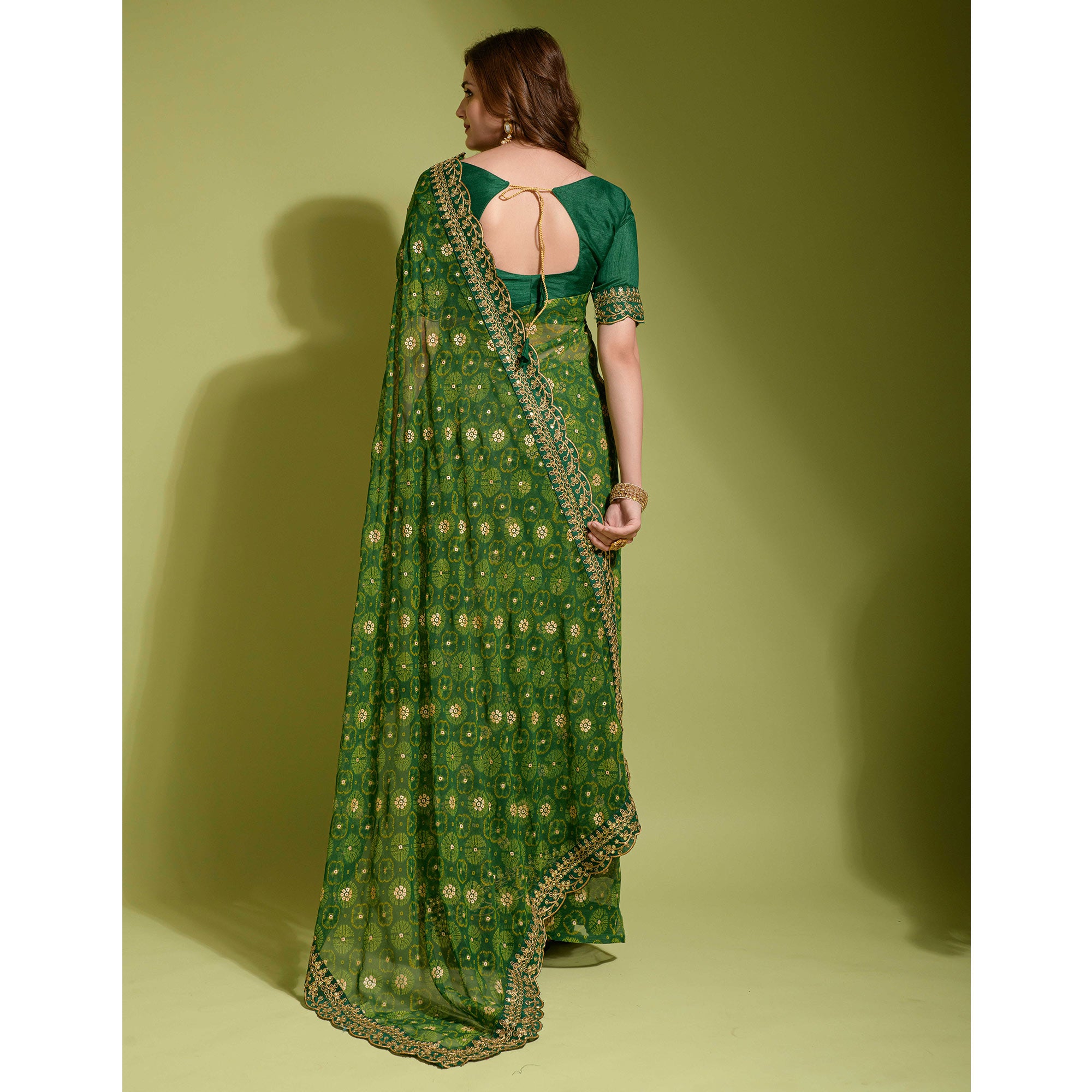 Green Bandhani Foil Printed Georgette Saree With Embroidered Border