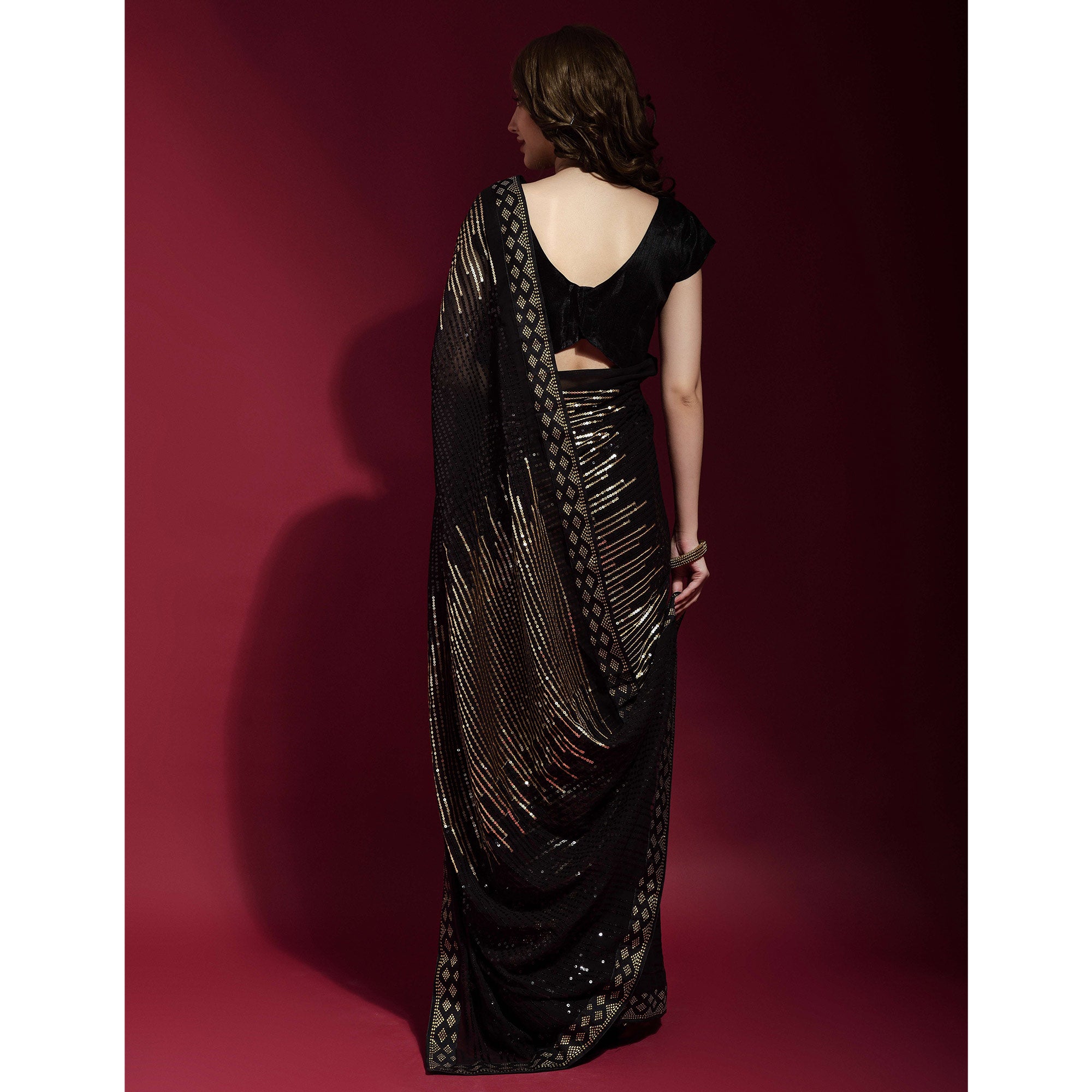 Black & Golden Sequins Embroidered Georgette Saree