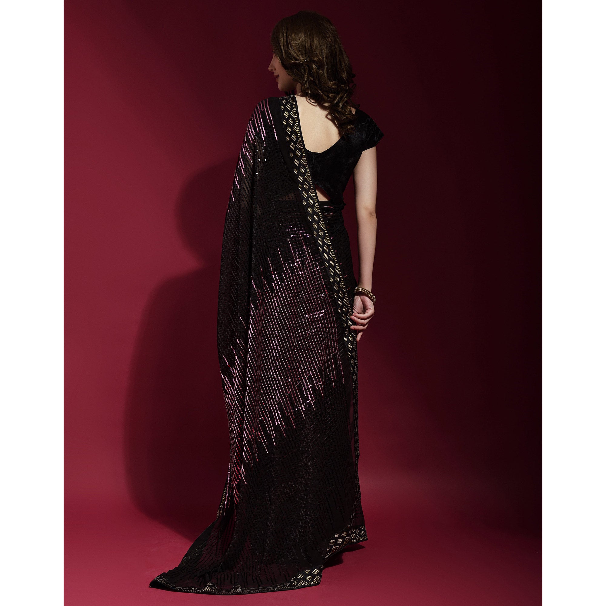 Black & Pink Sequins Embroidered Georgette Saree