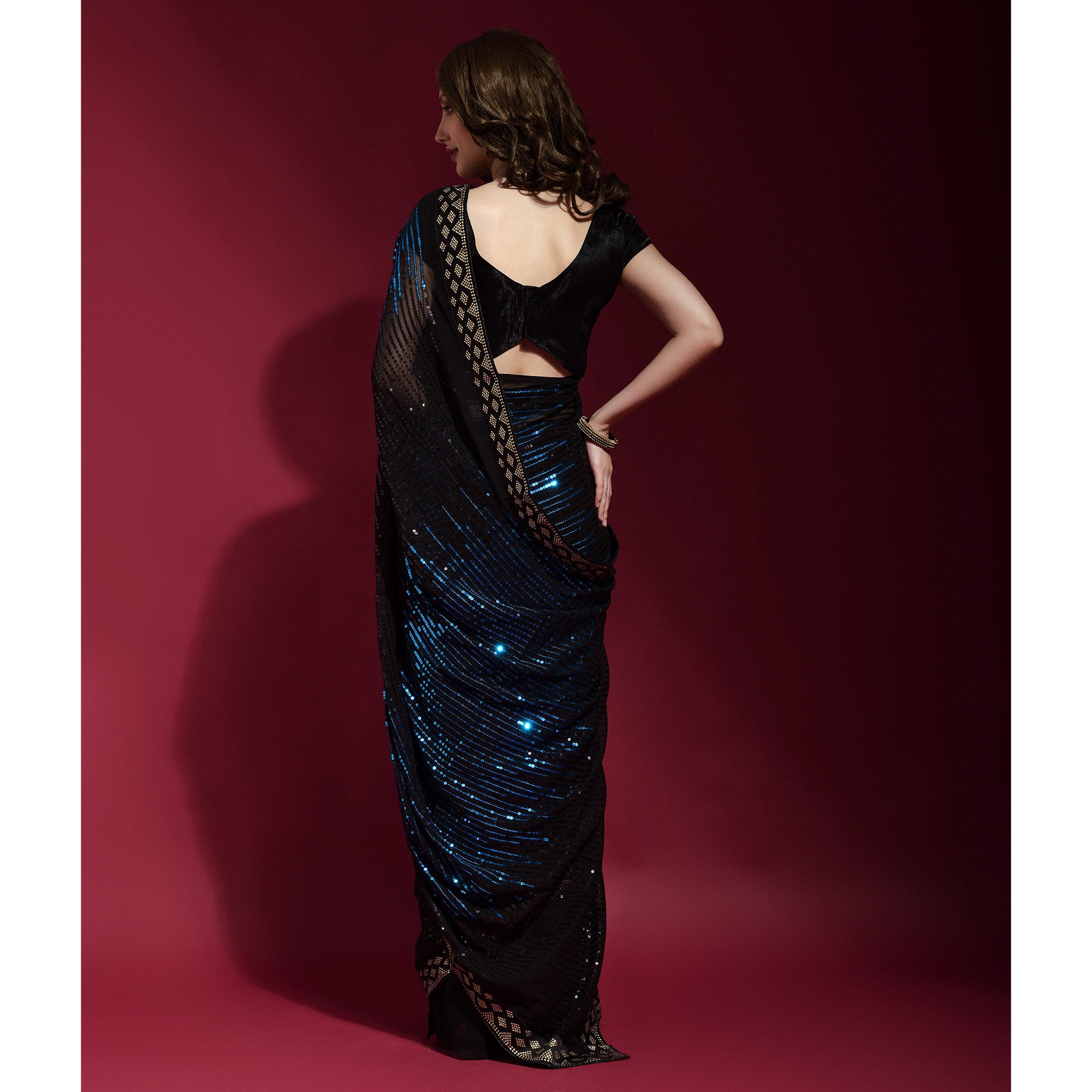 Black & Blue Sequins Embroidered Georgette Saree