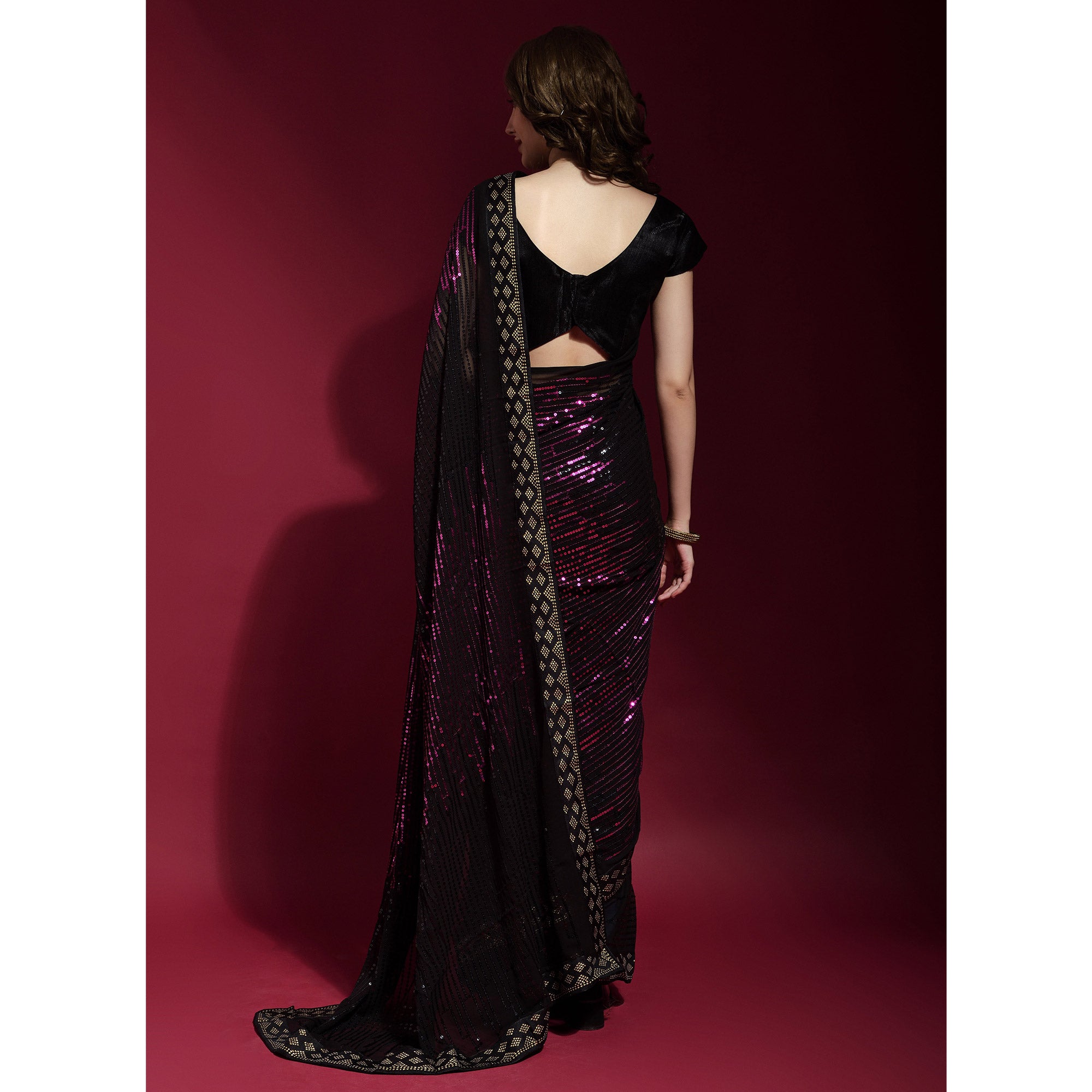 Black & Wine Sequins Embroidered Georgette Saree