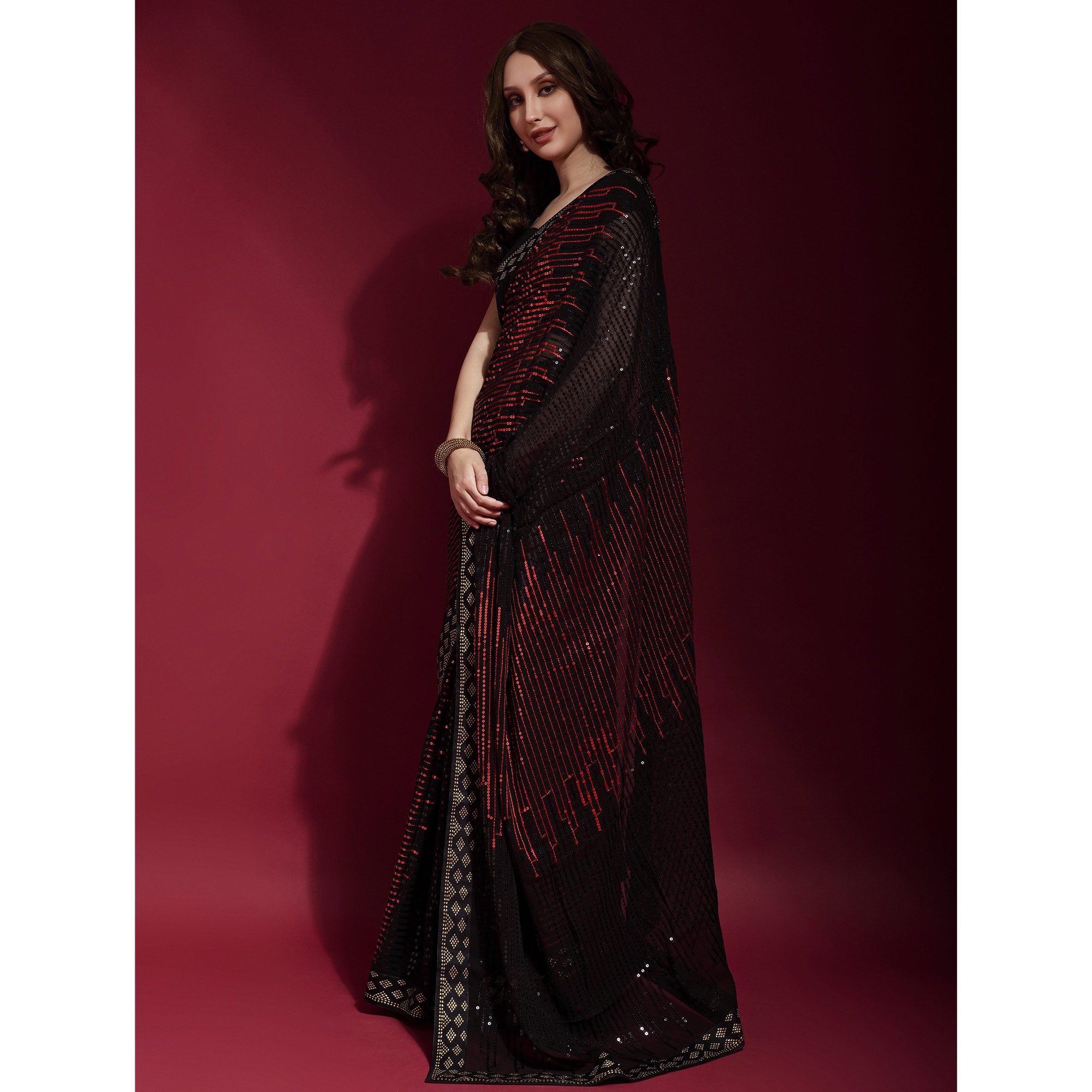 Black & Red Sequins Embroidered Georgette Saree