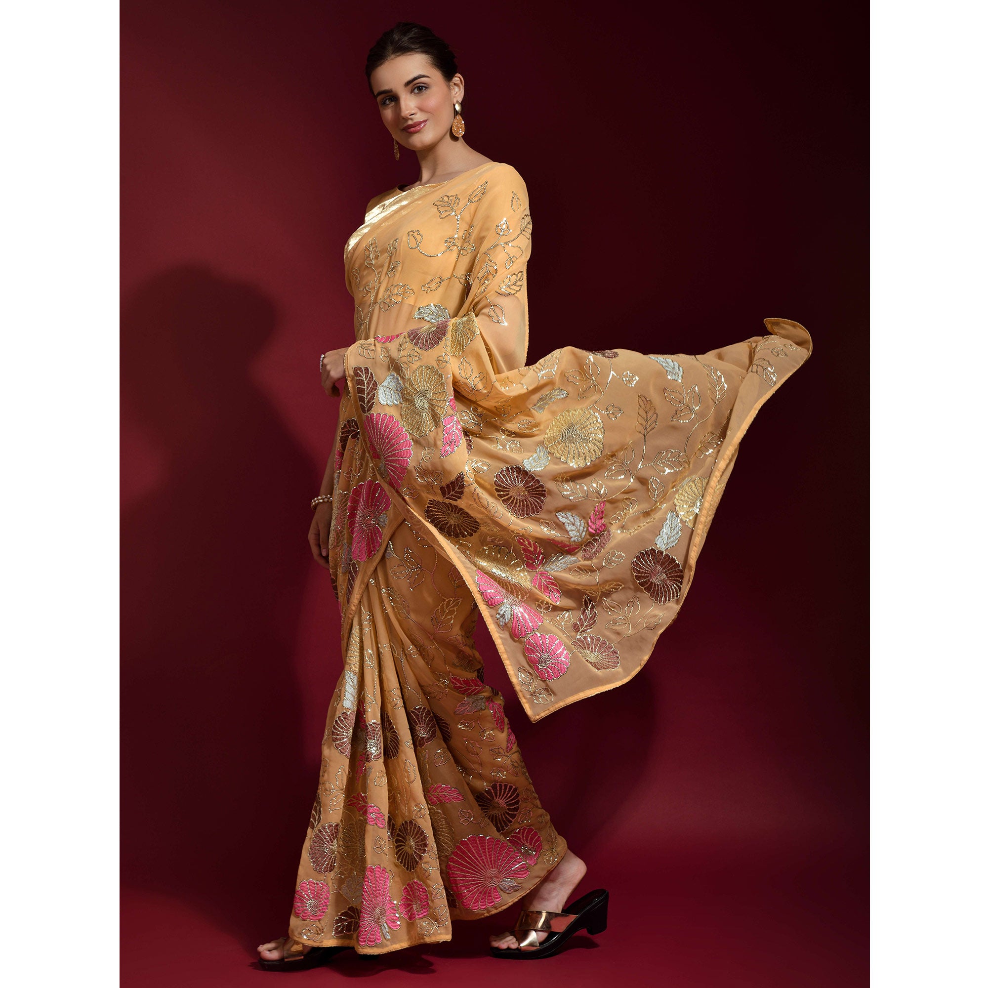 Orange Floral Sequins Embroidered Georgette Saree