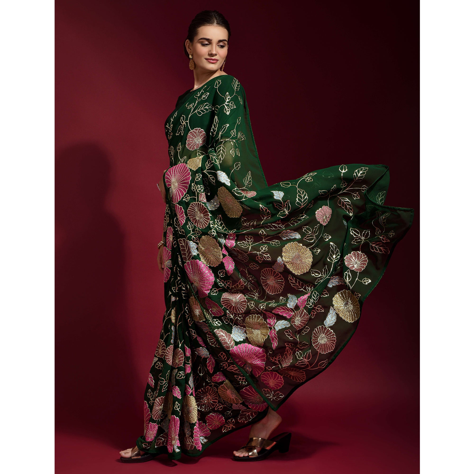 Green Floral Sequins Embroidered Georgette Saree