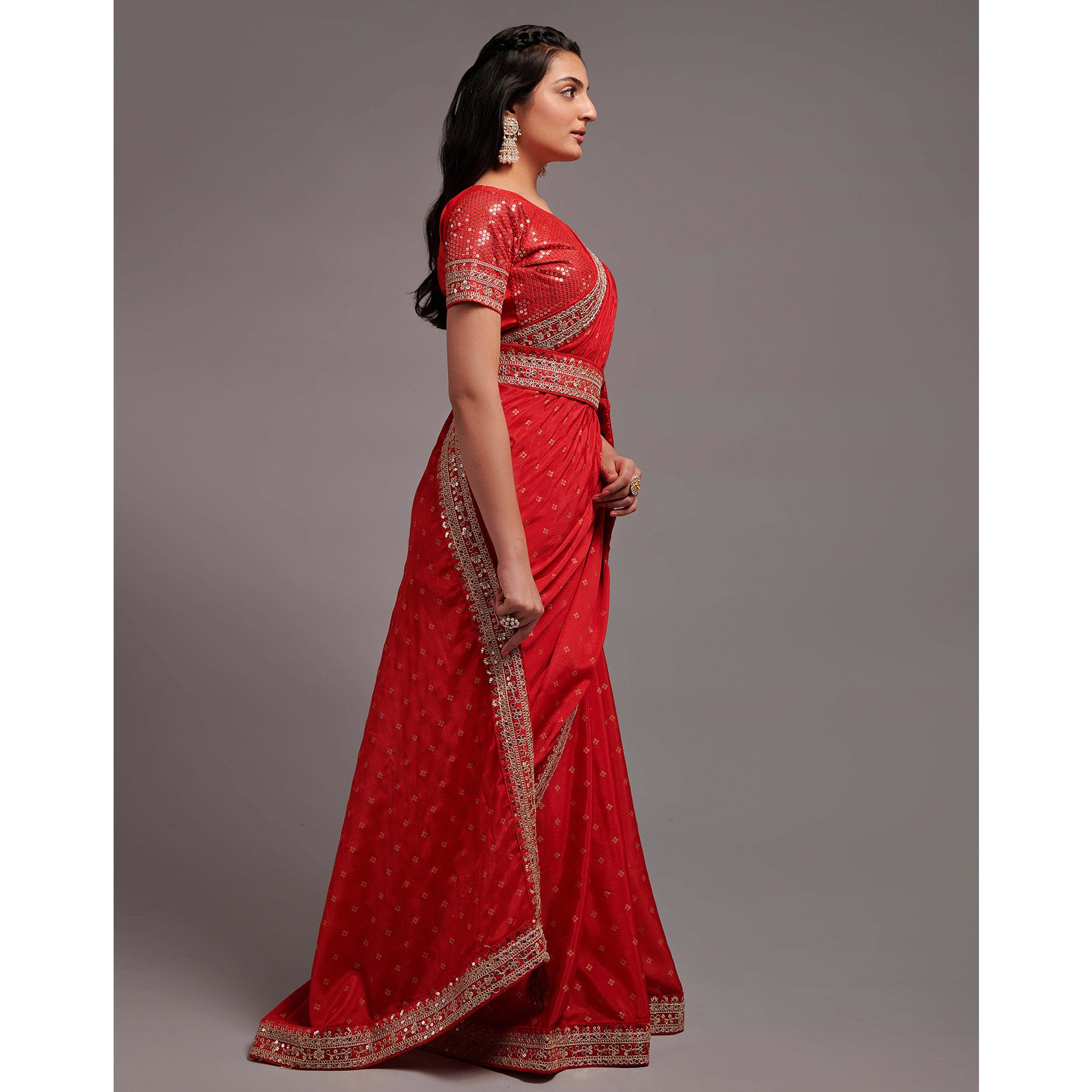 Red Sequins Embroidered Border Chinon Saree