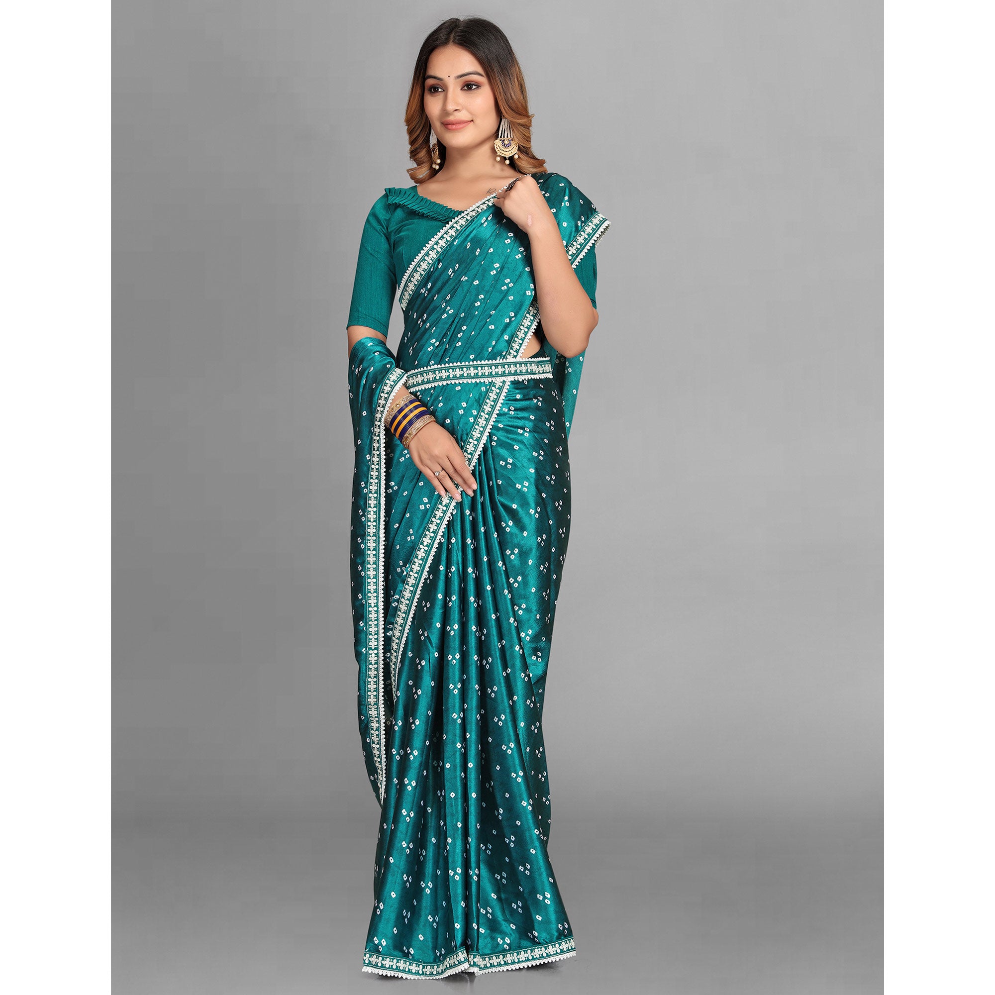 Rama Blue Bandhani Printed Satin Saree