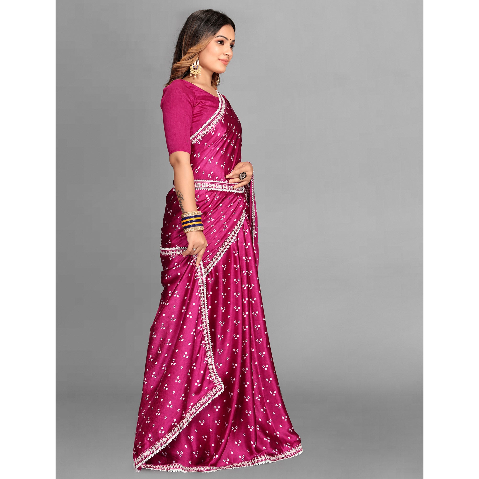 Pink Bandhani Printed Satin Saree