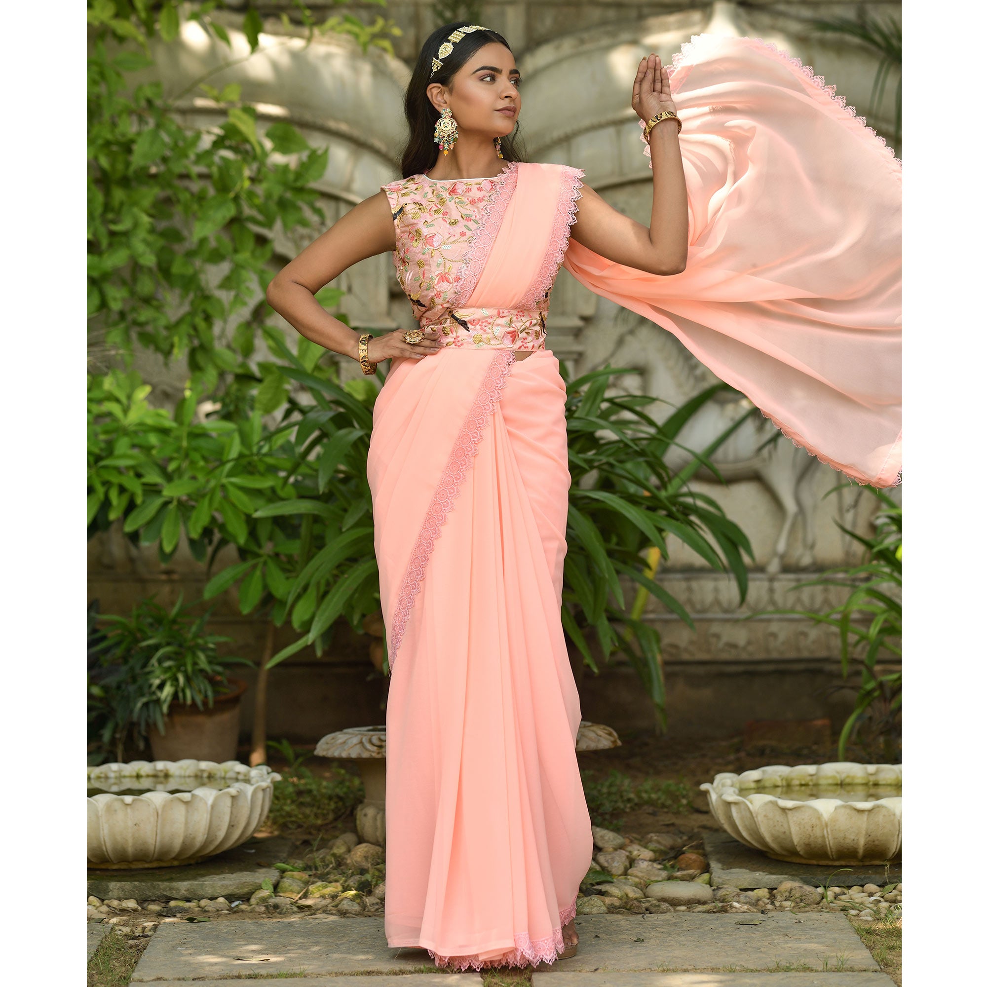 Peach Solid Georgette Saree With Embroidered Blouse Piece