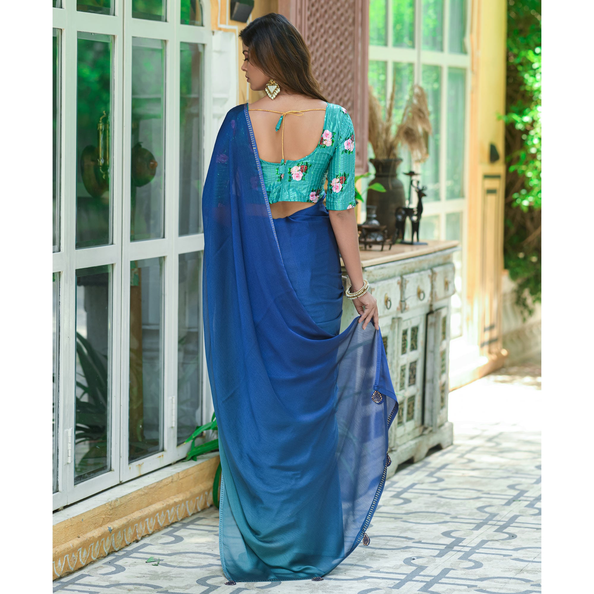 Blue Solid Chiffon Saree With Tassels