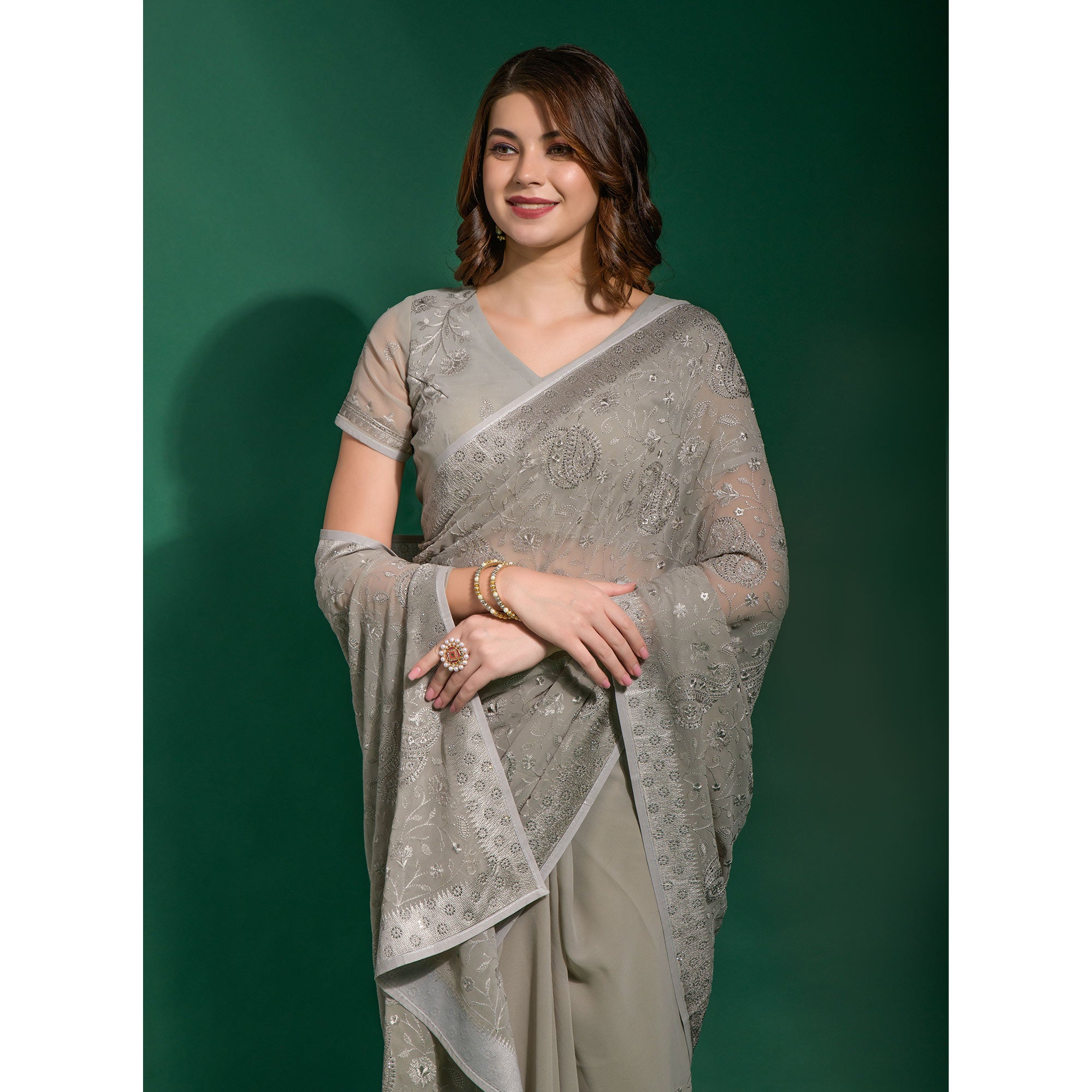 Grey Floral Embroidered Georgette Saree