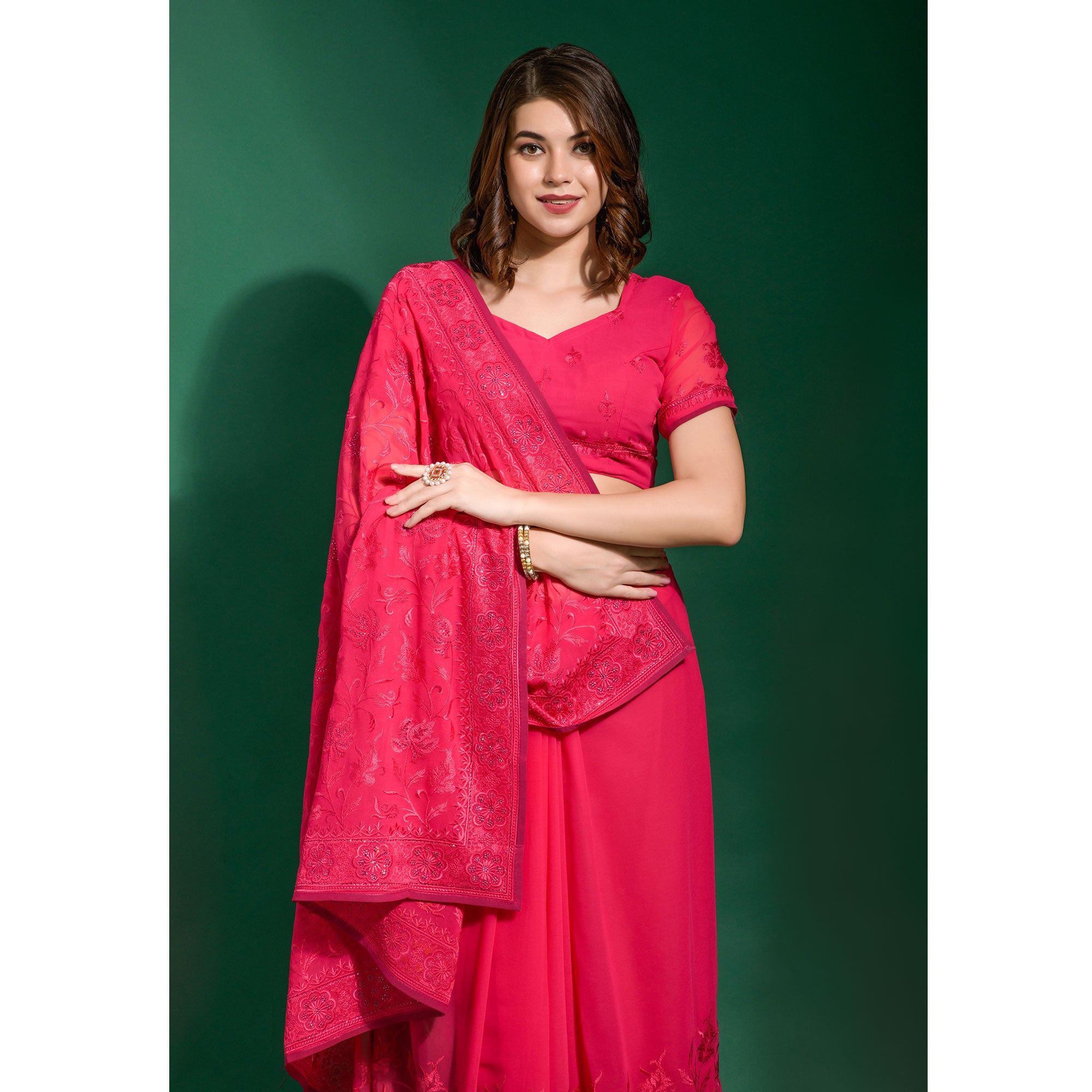 Pink Floral Embroidered Georgette Saree