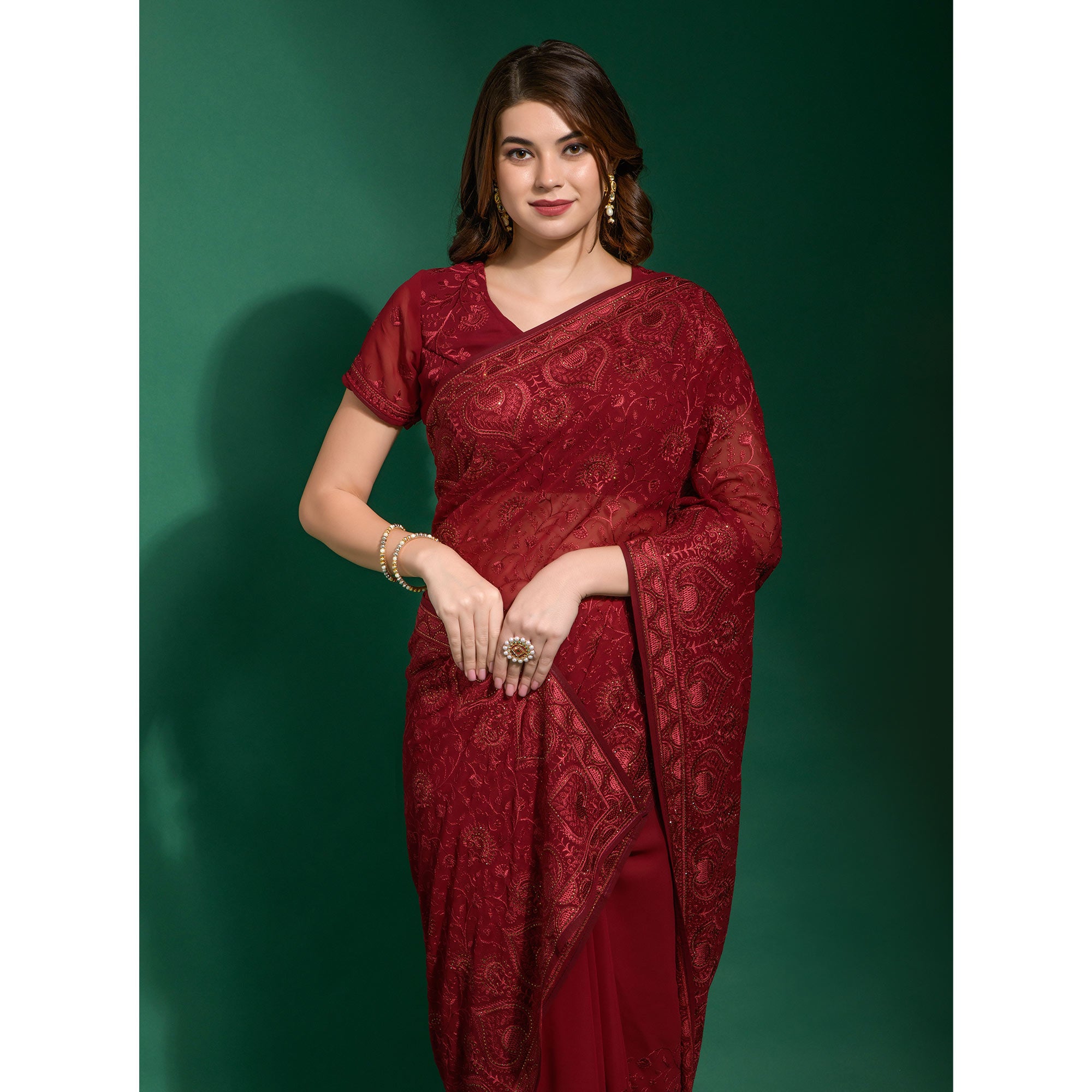 Maroon Floral Embroidered Georgette Saree