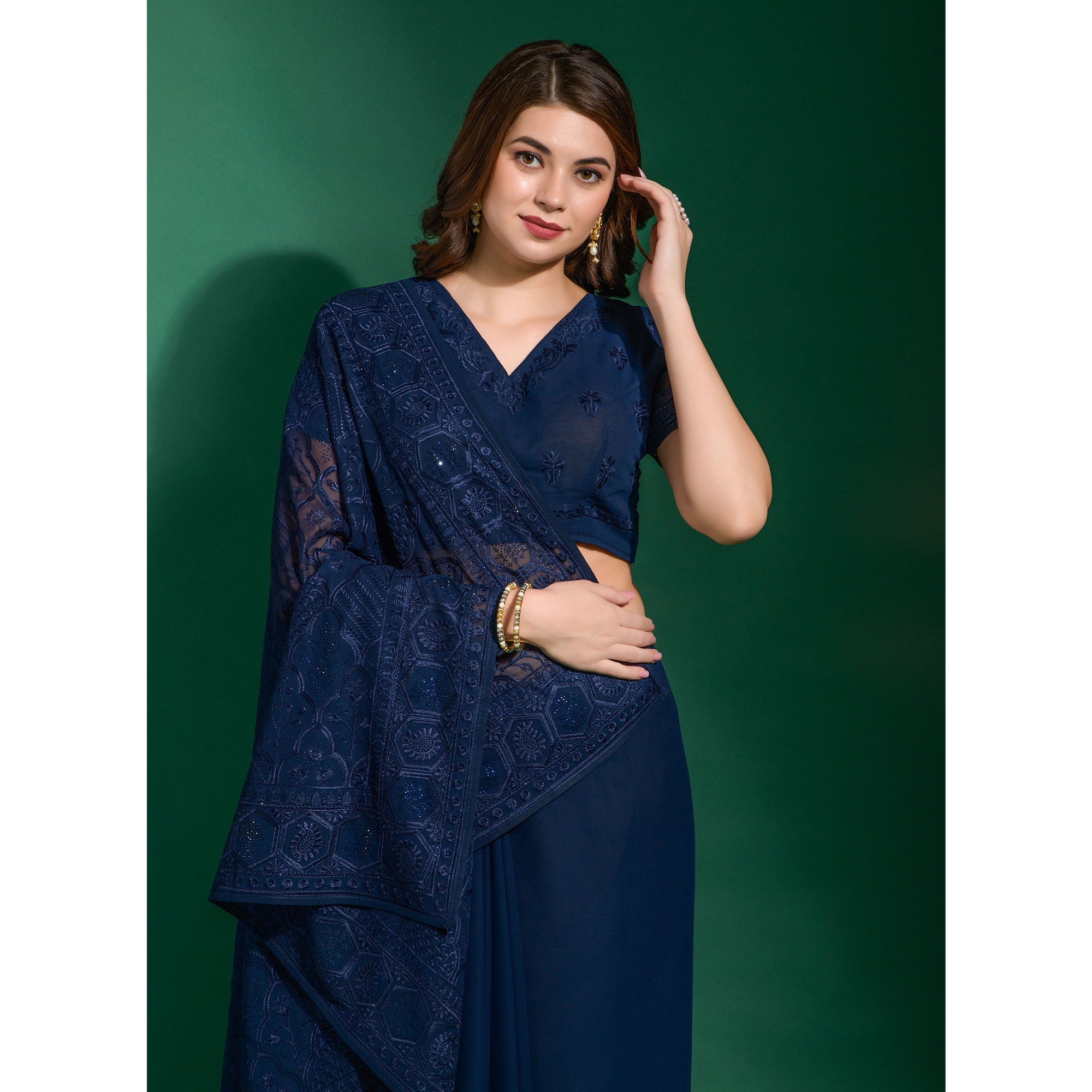 Navy Blue Floral Embroidered Georgette Saree