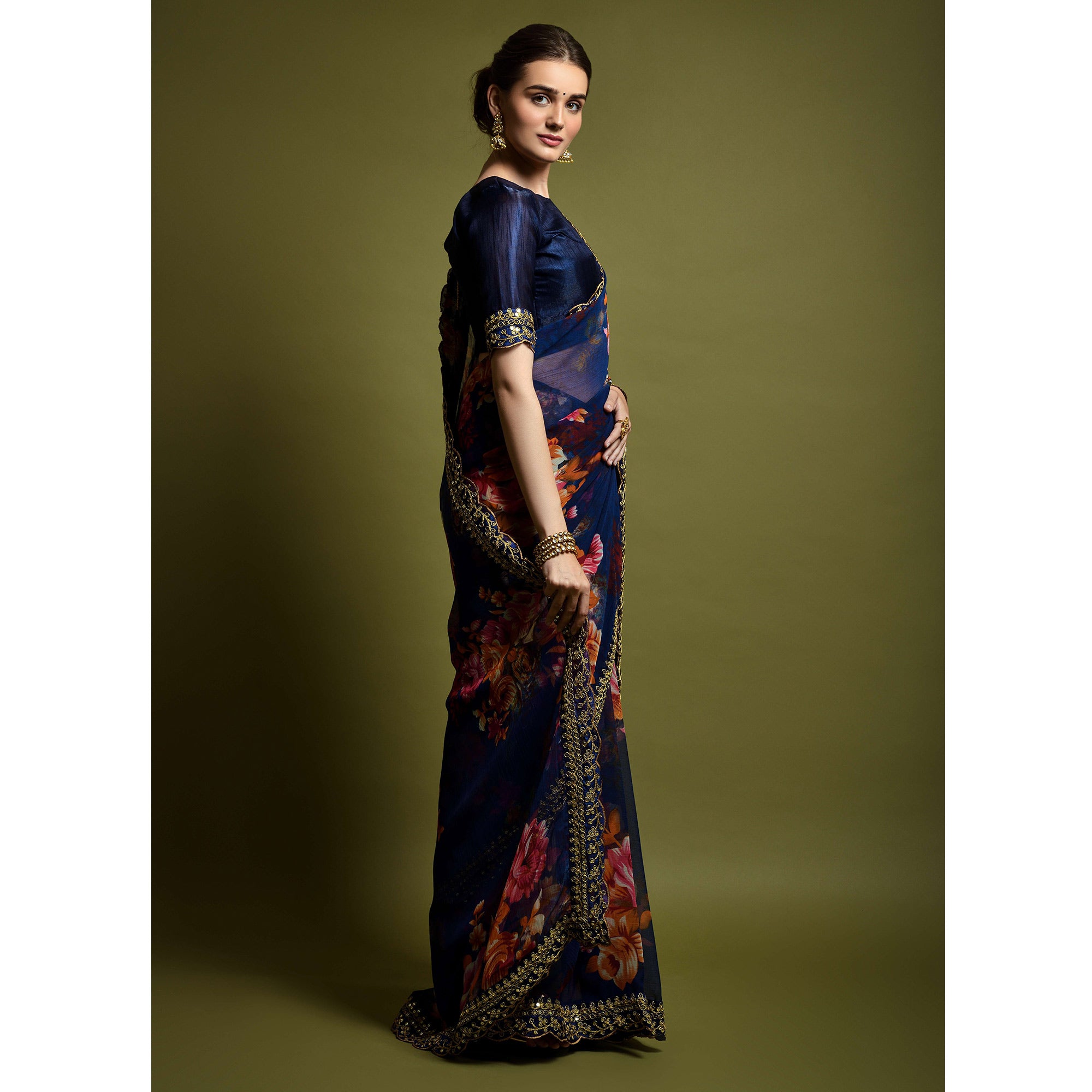 Blue Floral Printed Georgette Saree With Embroidered Border