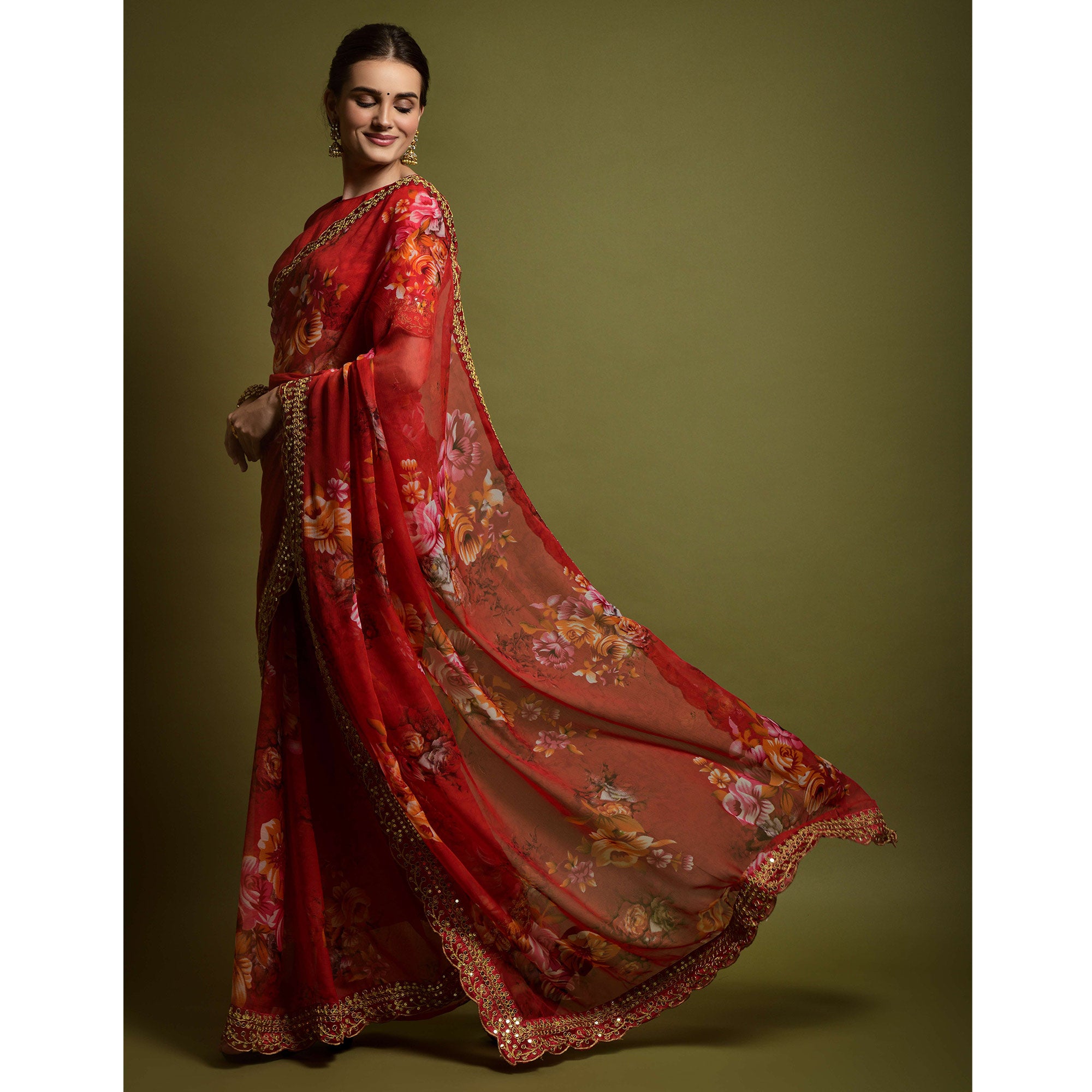 Red Floral Printed Georgette Saree With Embroidered Border