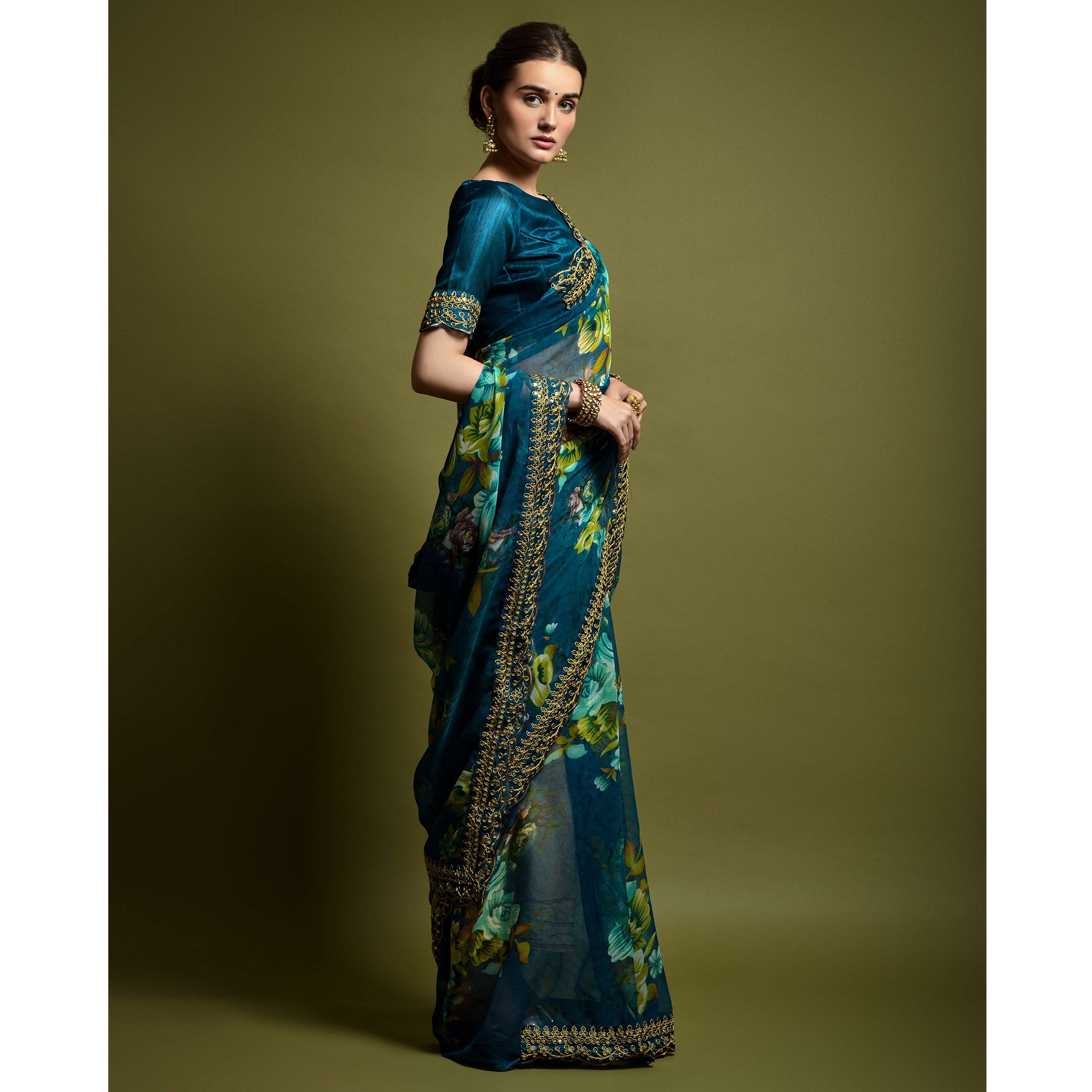 Teal Floral Printed Georgette Saree With Embroidered Border