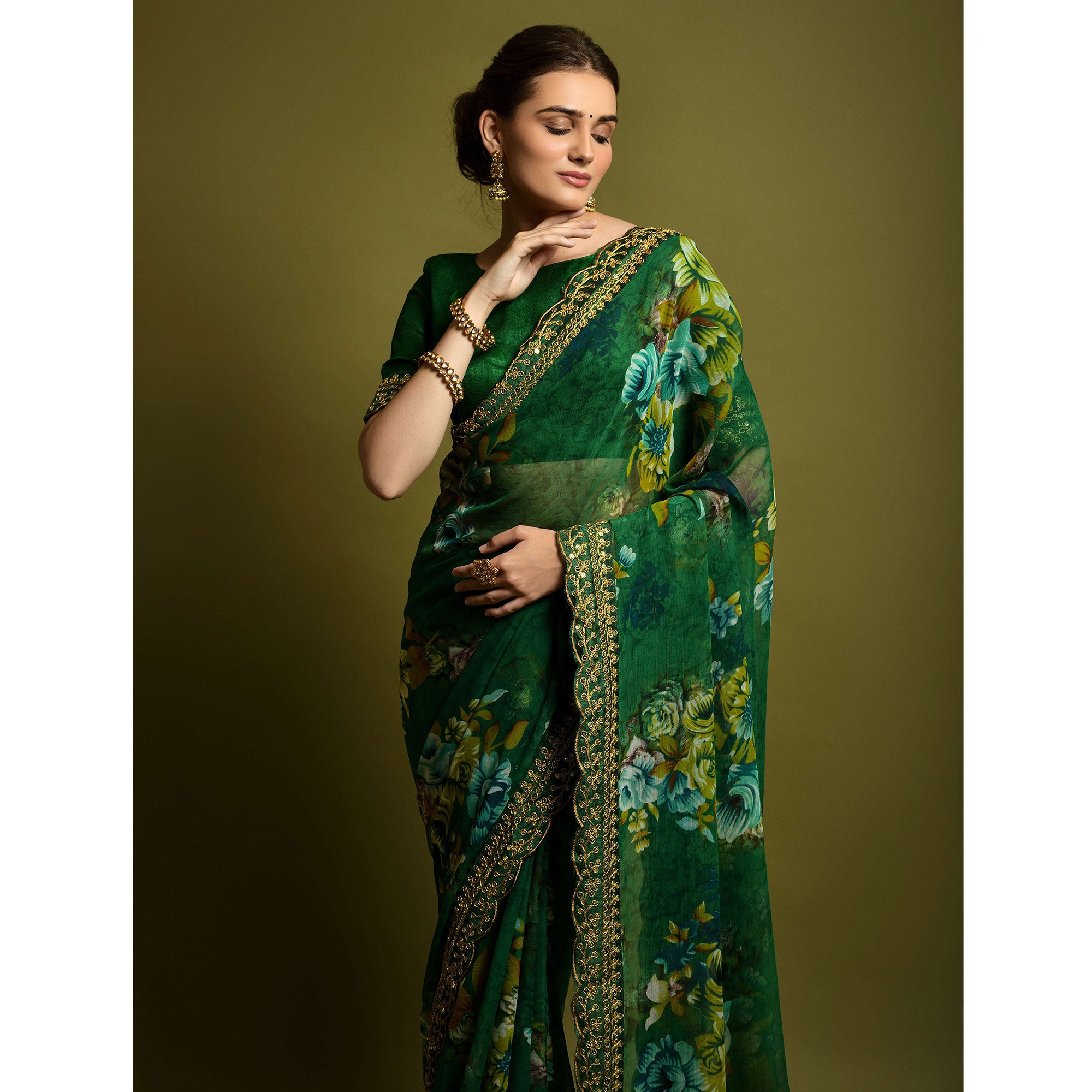 Green Floral Printed Georgette Saree With Embroidered Border