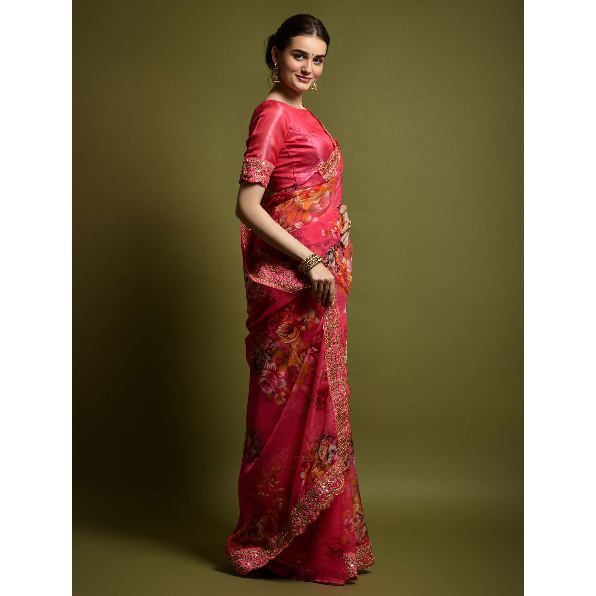 Pink Floral Printed Georgette Saree With Embroidered Border