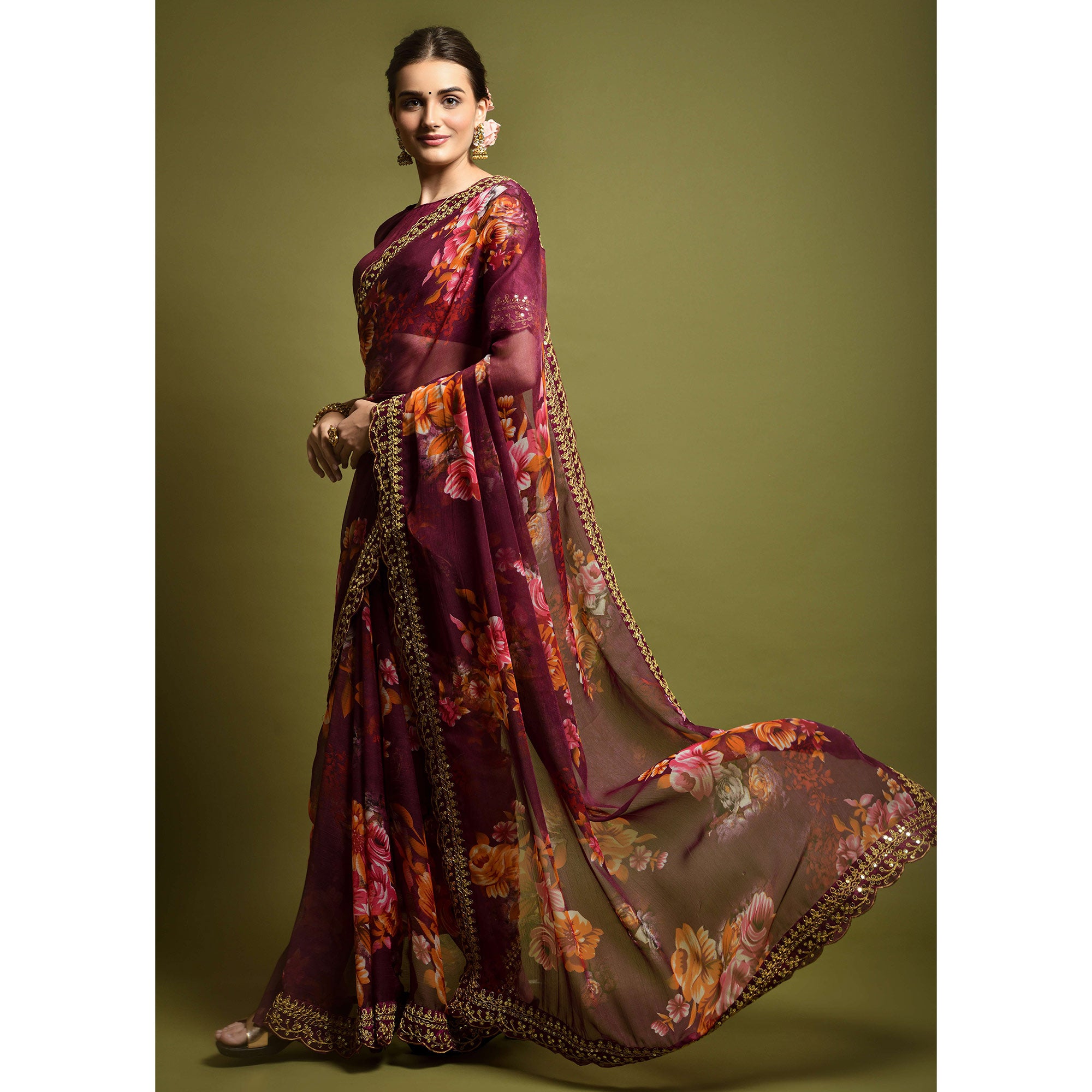 Wine Floral Printed Georgette Saree With Embroidered Border