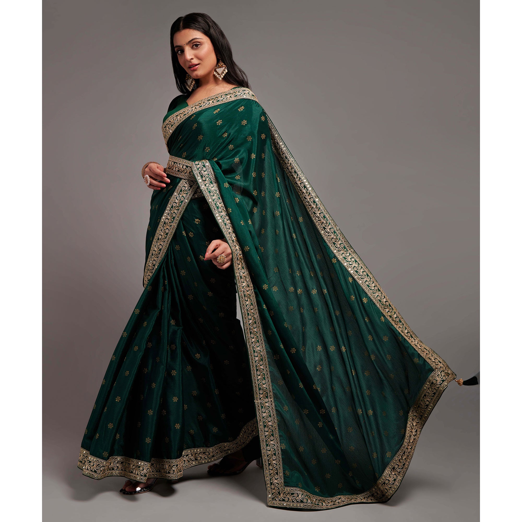 Green Foil Printed With Embroidered Border Chinon Saree