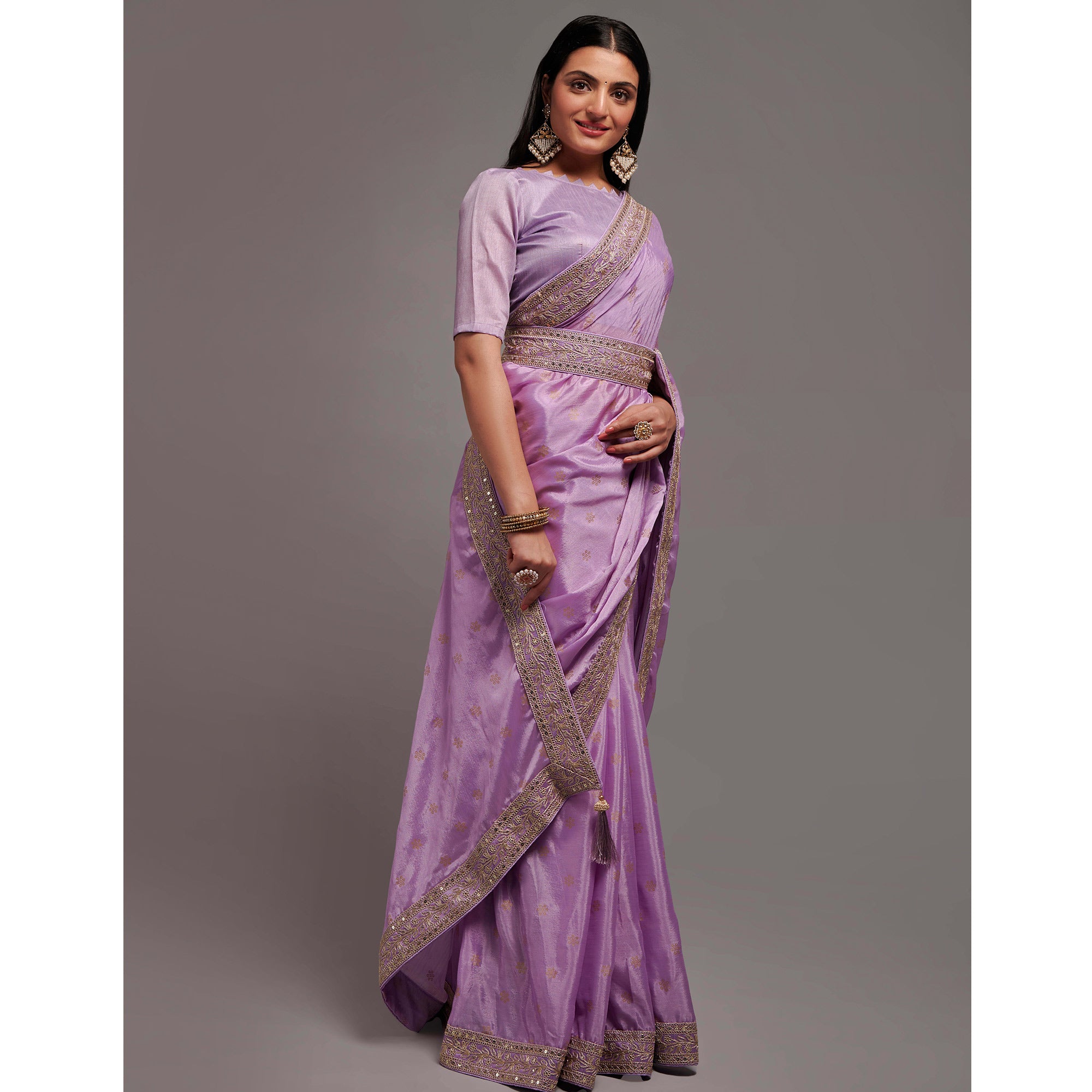 Light Purple Foil Printed With Embroidered Border Chinon Saree