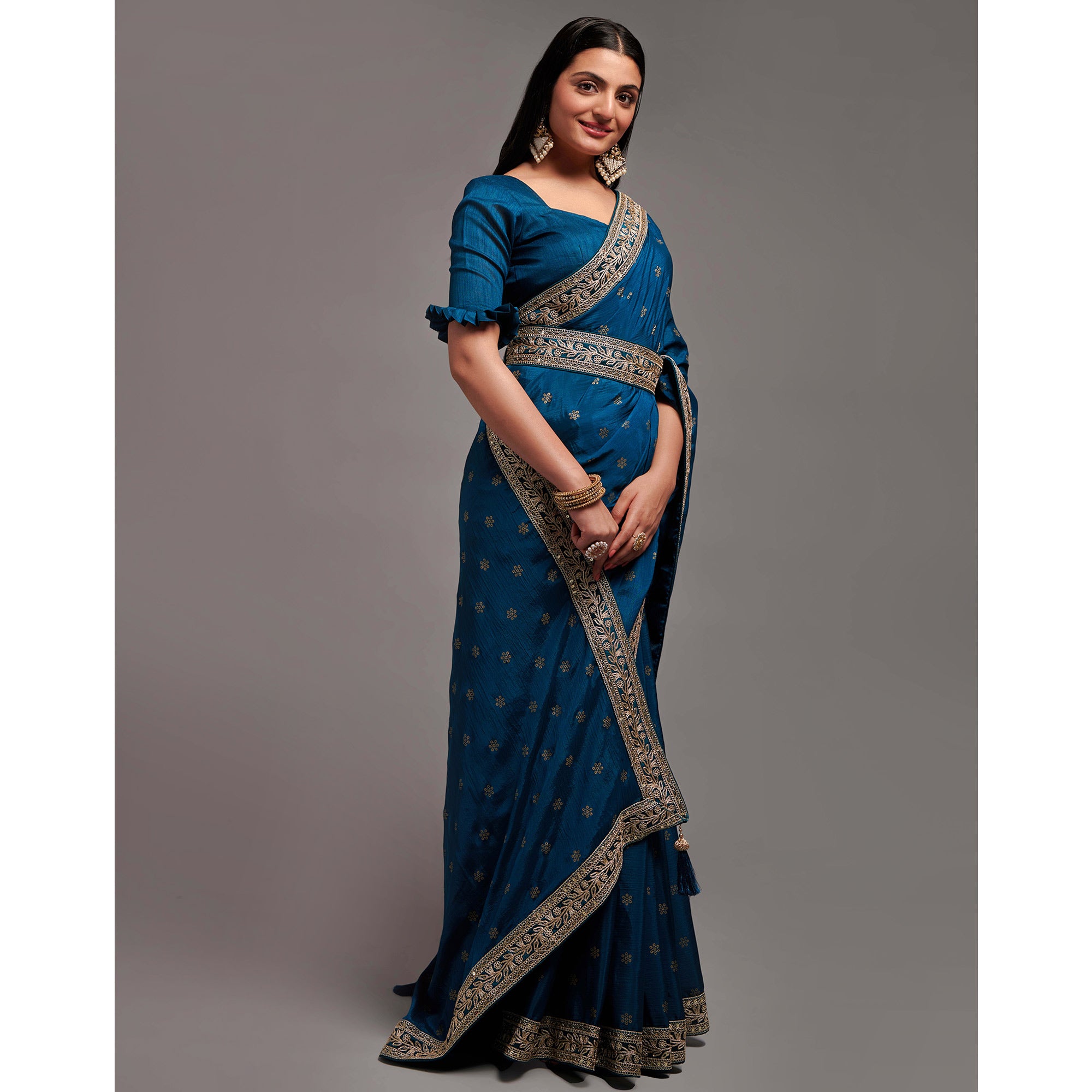 Blue Foil Printed With Embroidered Border Chinon Saree