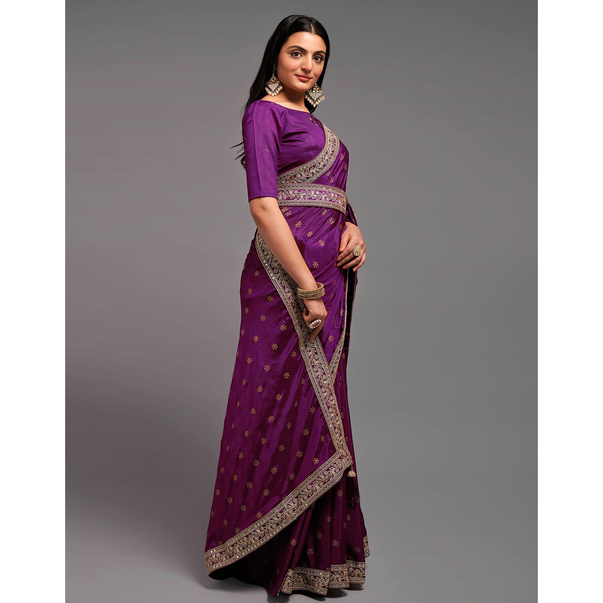 Wine Foil Printed With Embroidered Border Chinon Saree