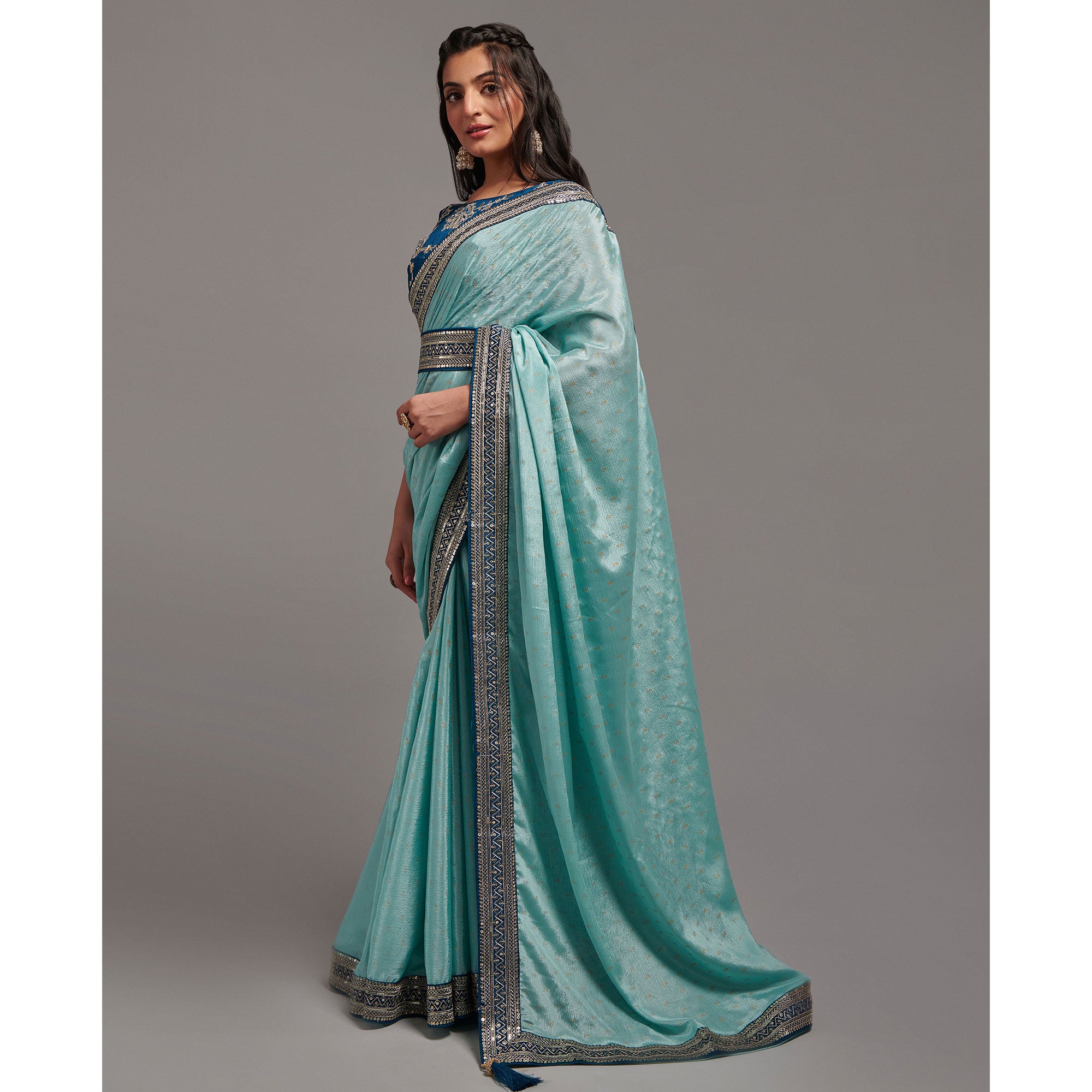 Turquoise Foil Printed With Embroidered Border Chinon Saree