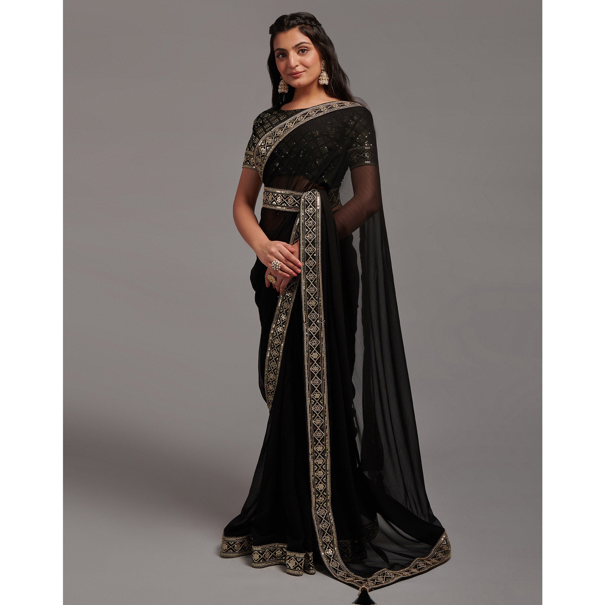 Black Sequins Embroidered Border Chinon Saree