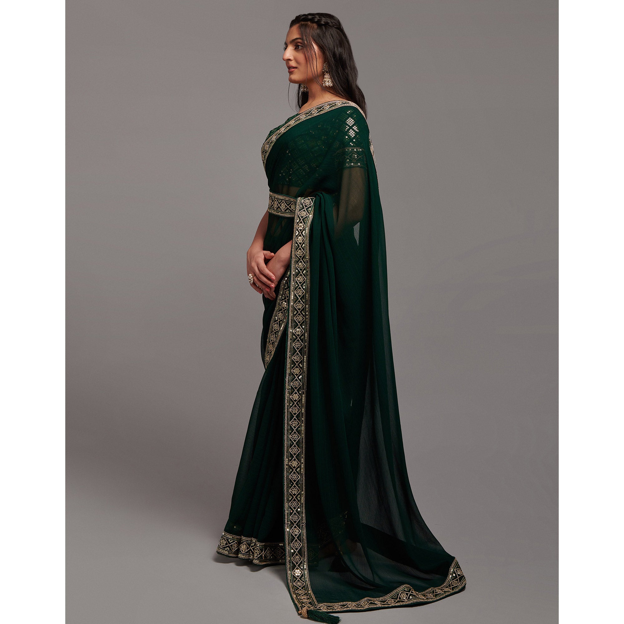 Green Sequins Embroidered Border Chinon Saree