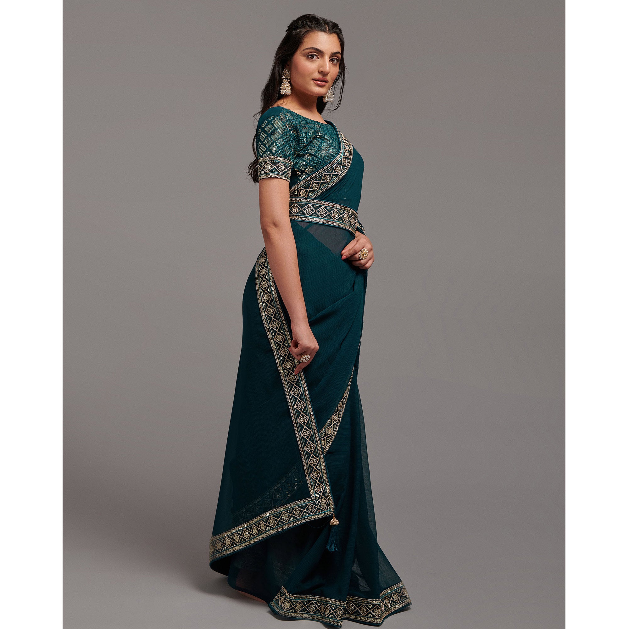 Morpich Sequins Embroidered Border Chinon Saree