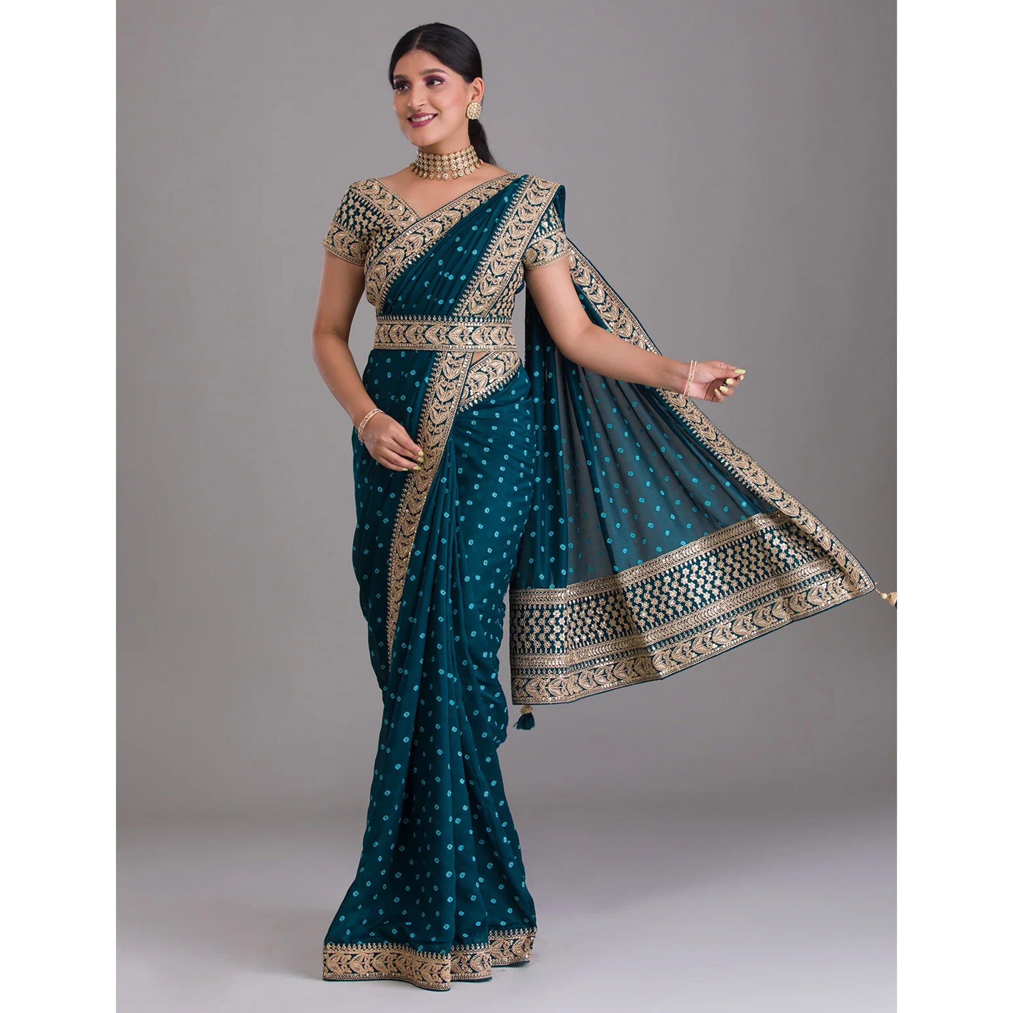 Blue Printed With Embroidered Vichitra Silk Saree