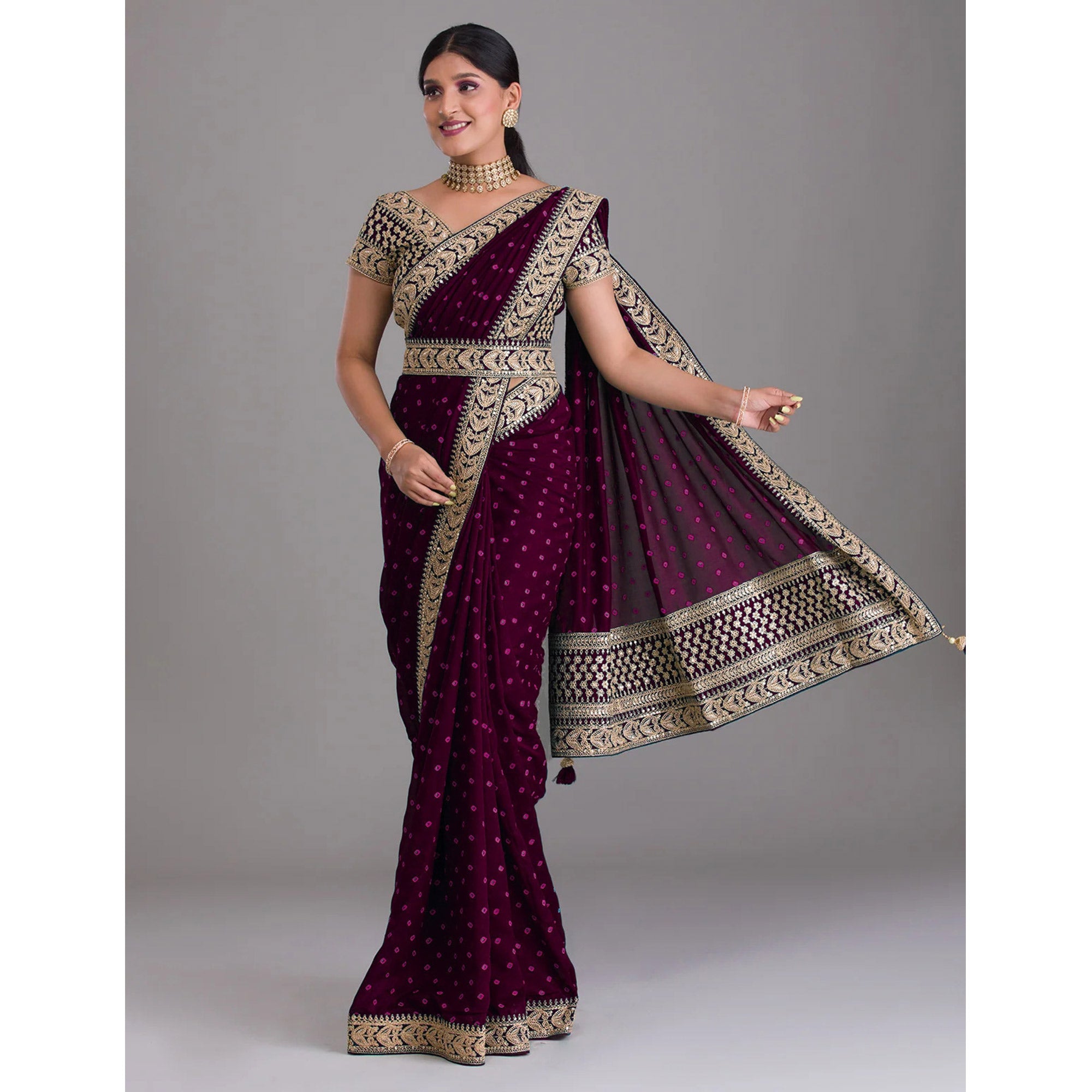 Wine Printed With Embroidered Vichitra Silk Saree