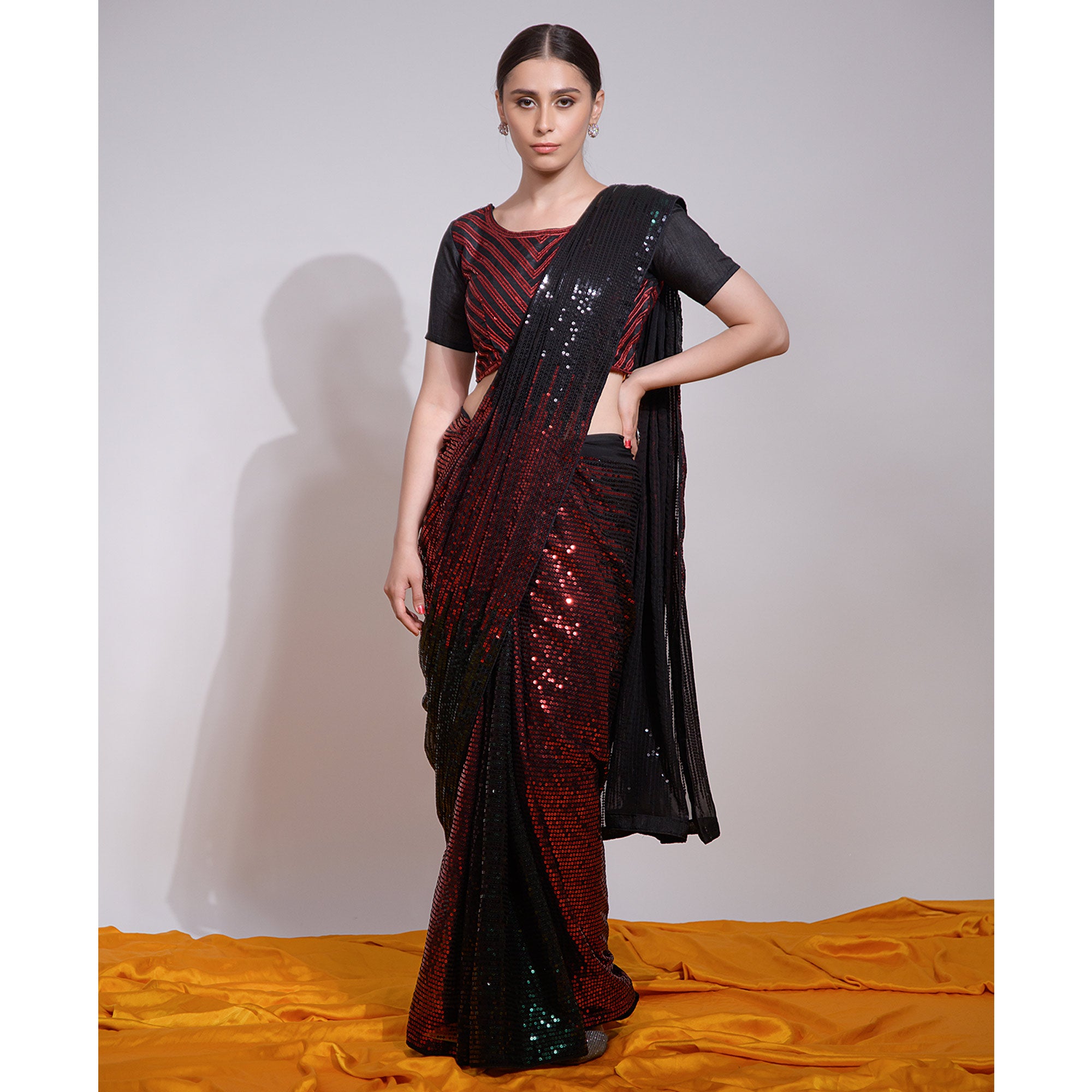 Black & Red Sequins Embroidered Georgette Saree