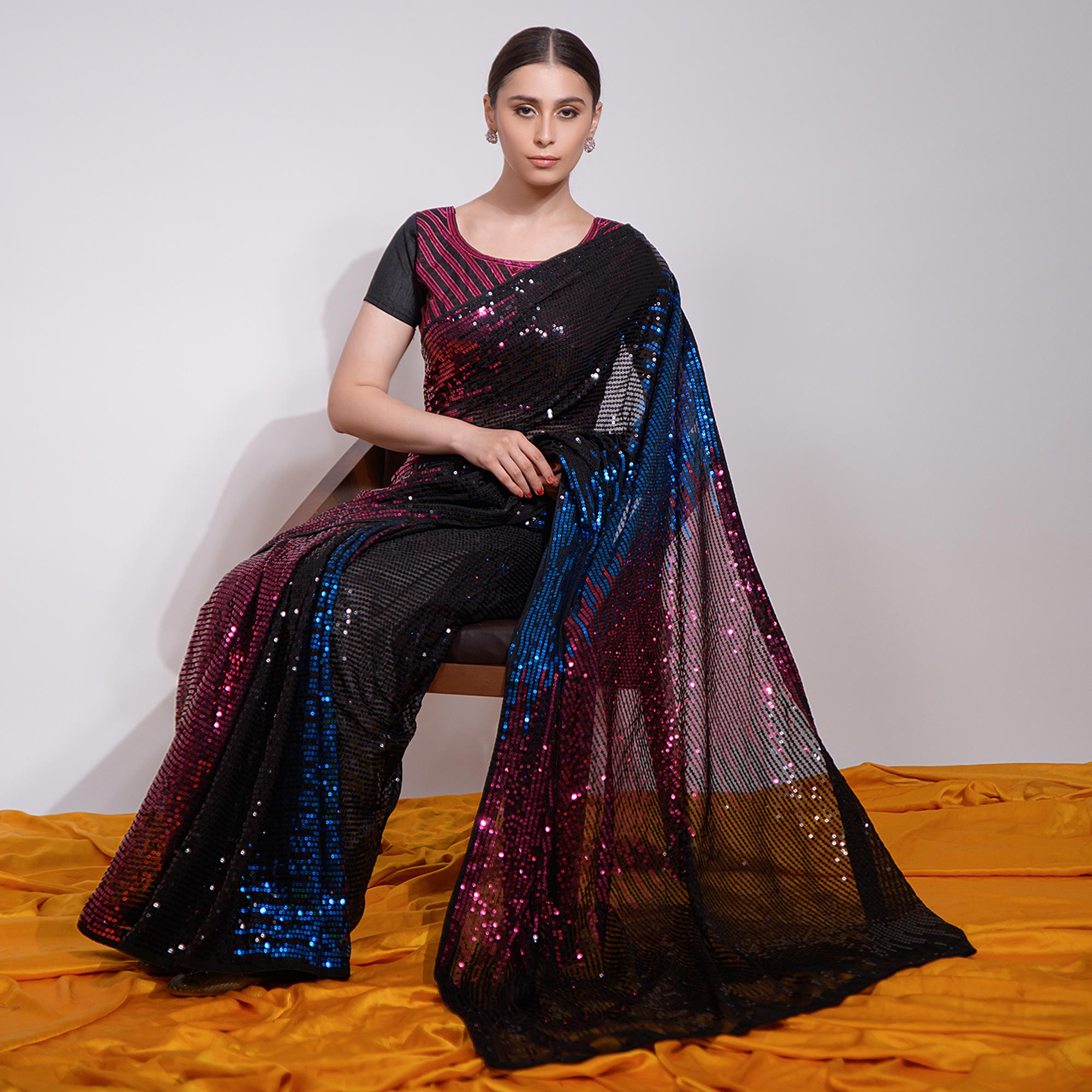 Black & Blue Sequins Embroidered Georgette Saree