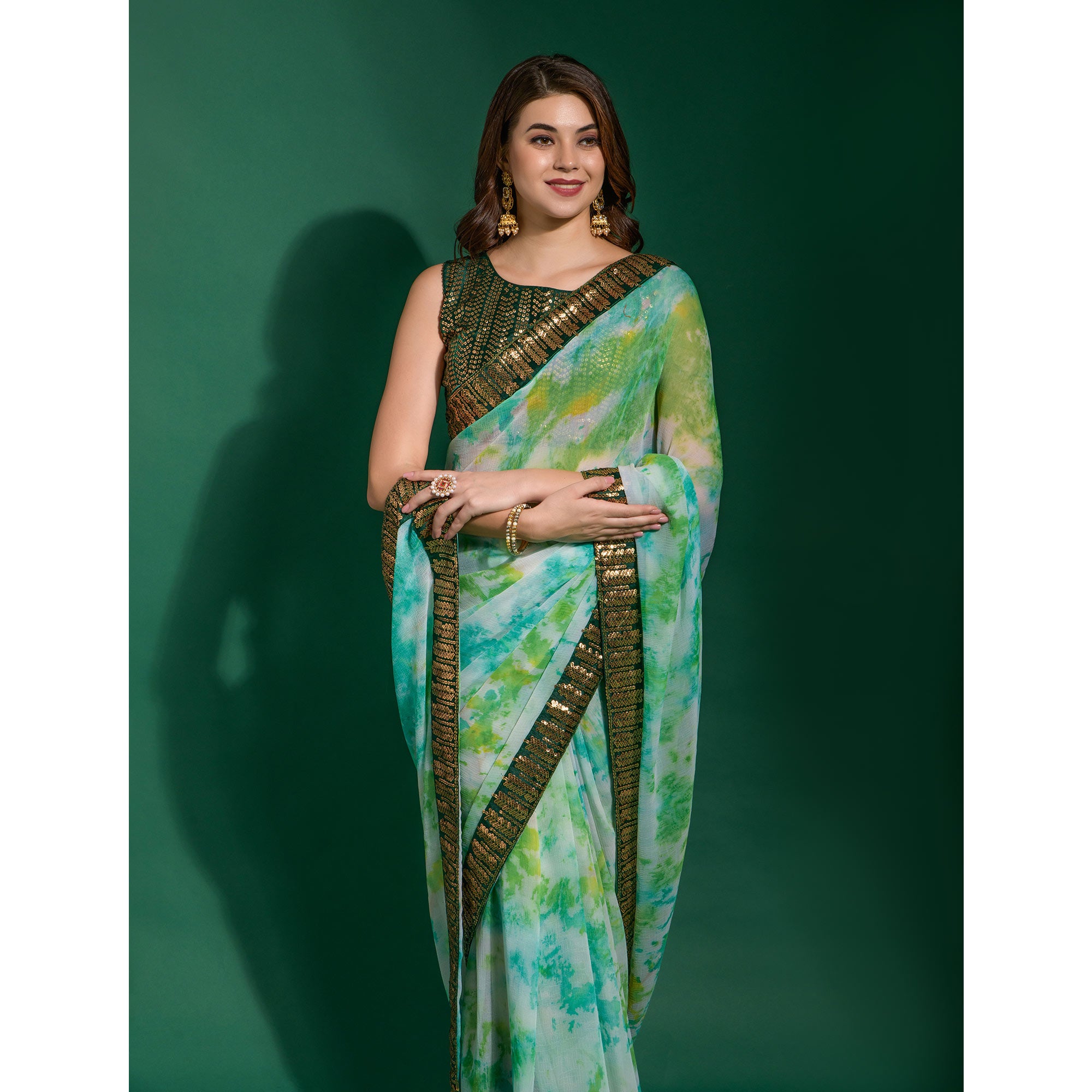 Green Printed With Sequins Border Chiffon Saree