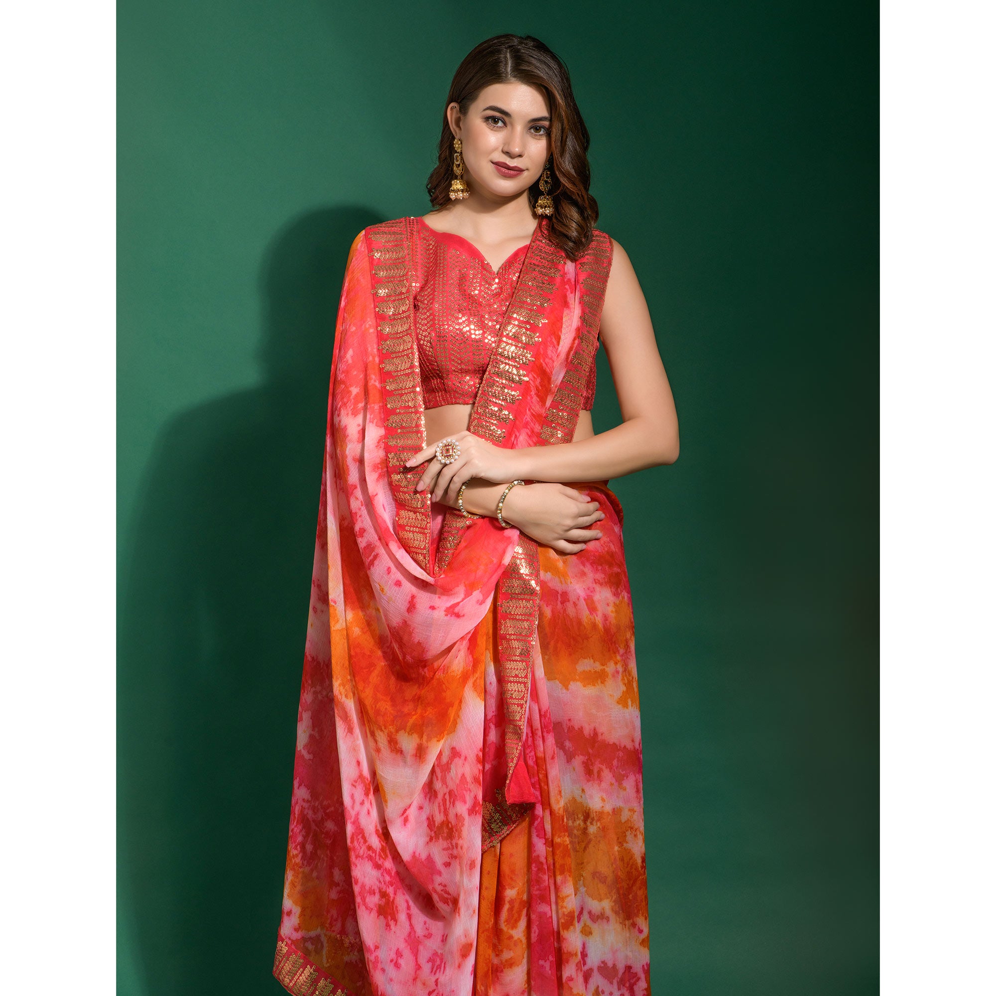 Red Printed With Sequins Border Chiffon Saree