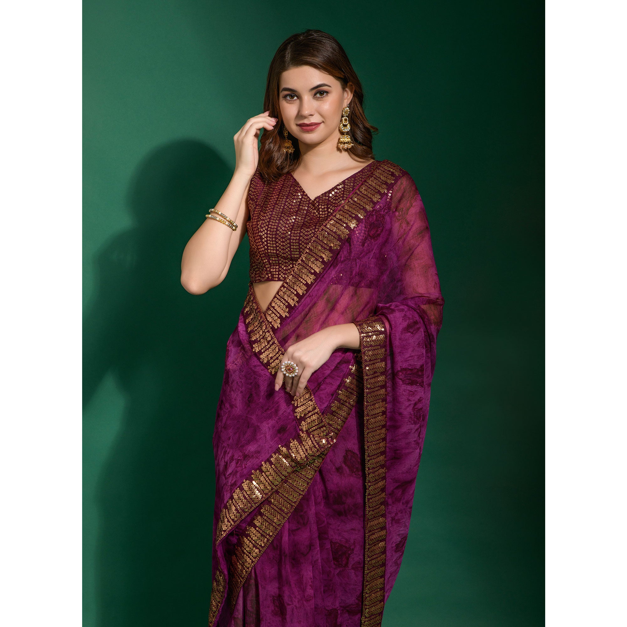 Wine Printed With Sequins Border Chiffon Saree