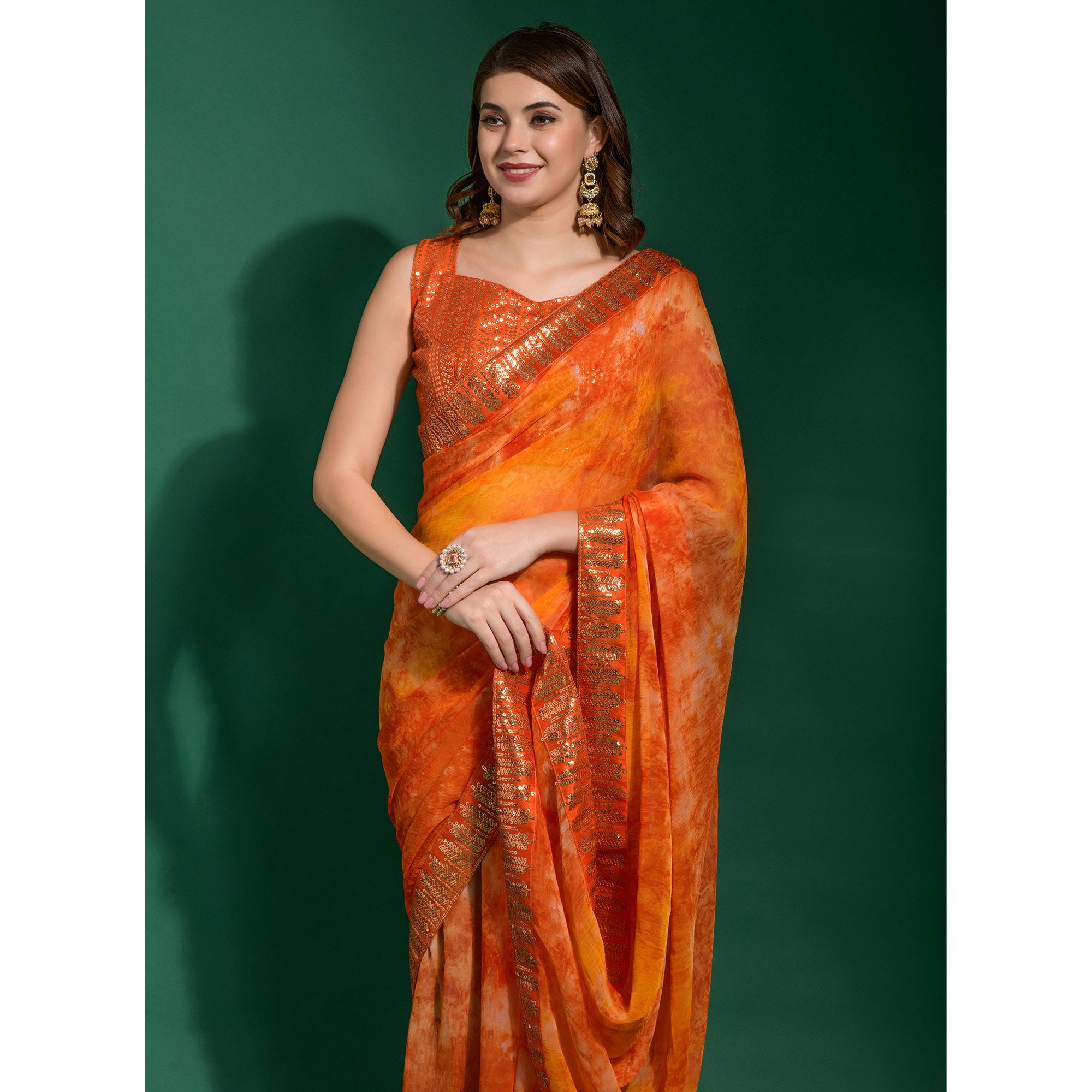 Orange Printed With Sequins Border Chiffon Saree