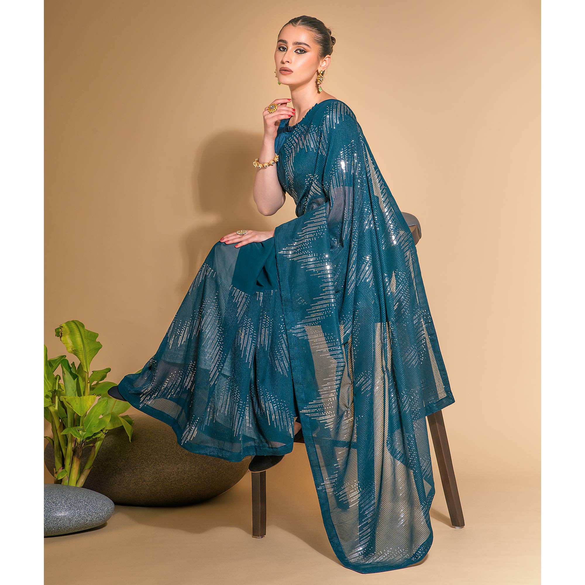 Blue Sequins Embroidered Georgette Saree