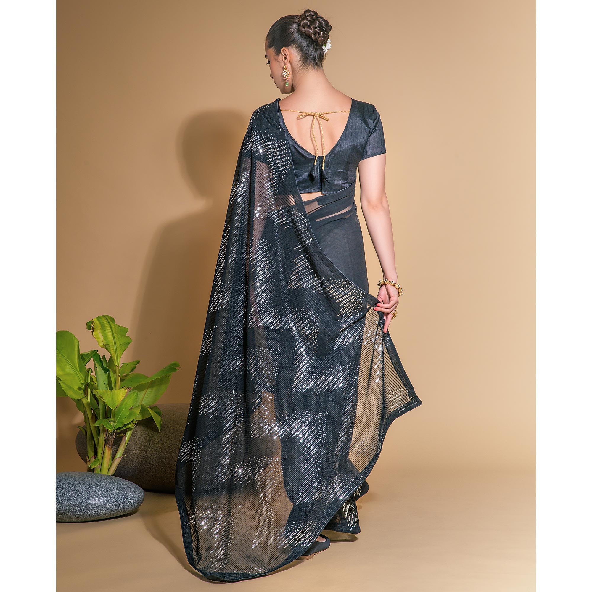Black Sequins Embroidered Georgette Saree
