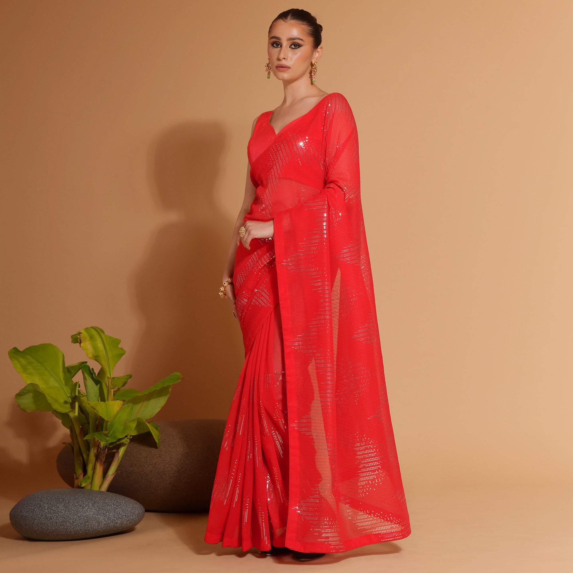 Red Sequins Embroidered Georgette Saree