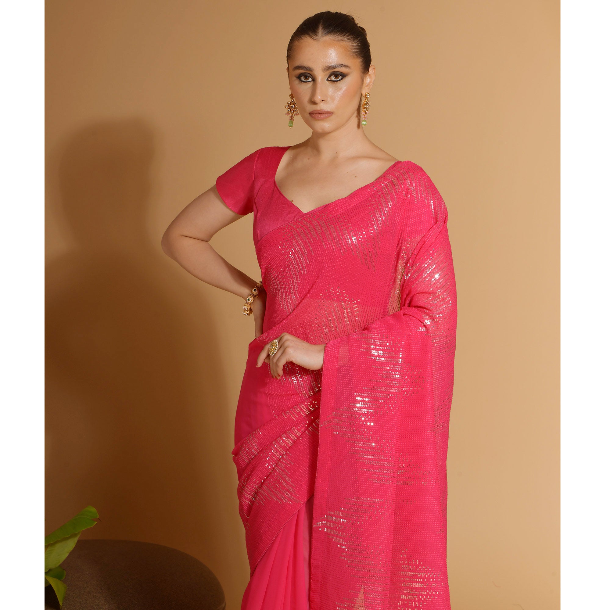 Pink Sequins Embroidered Georgette Saree